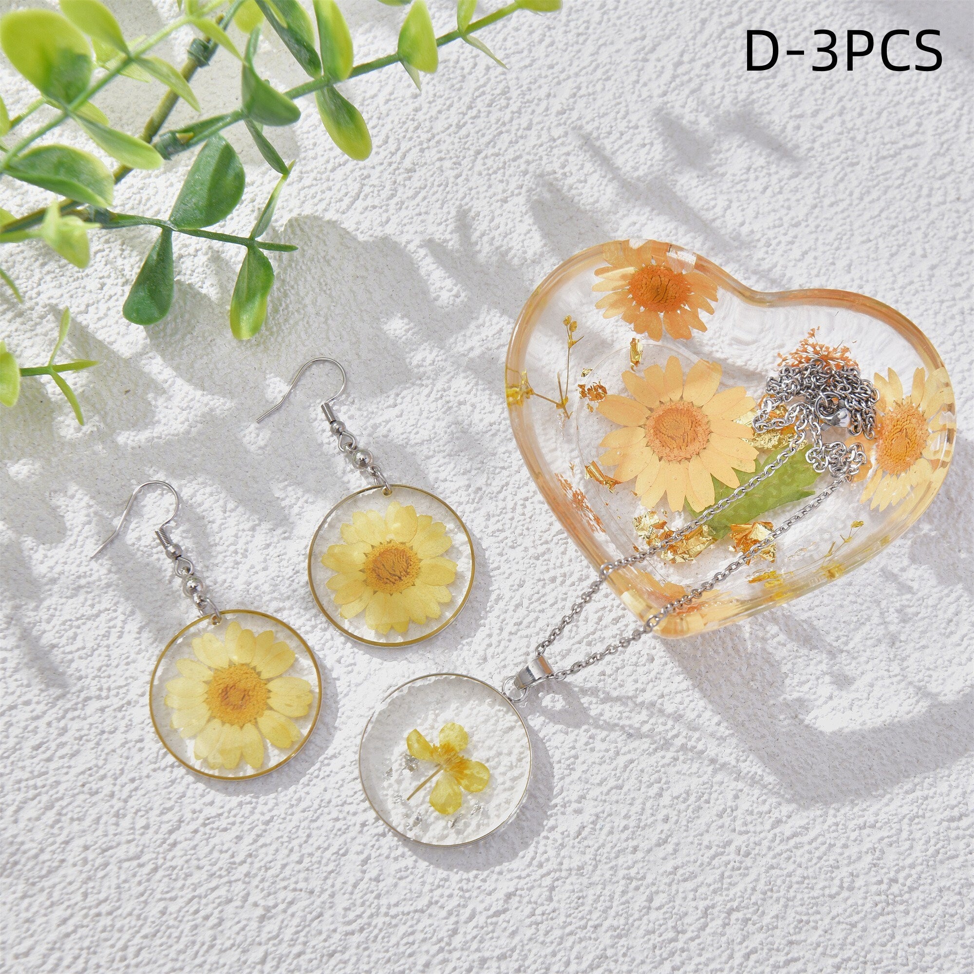 3/4PCS Resin Dried Flowers Necklaces/Earrings/Tray Real Yellow Flower Jewelry Sets