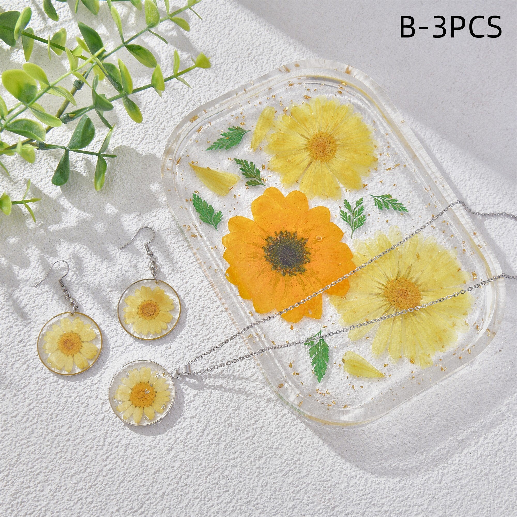 3/4PCS Resin Dried Flowers Necklaces/Earrings/Tray Real Yellow Flower Jewelry Sets