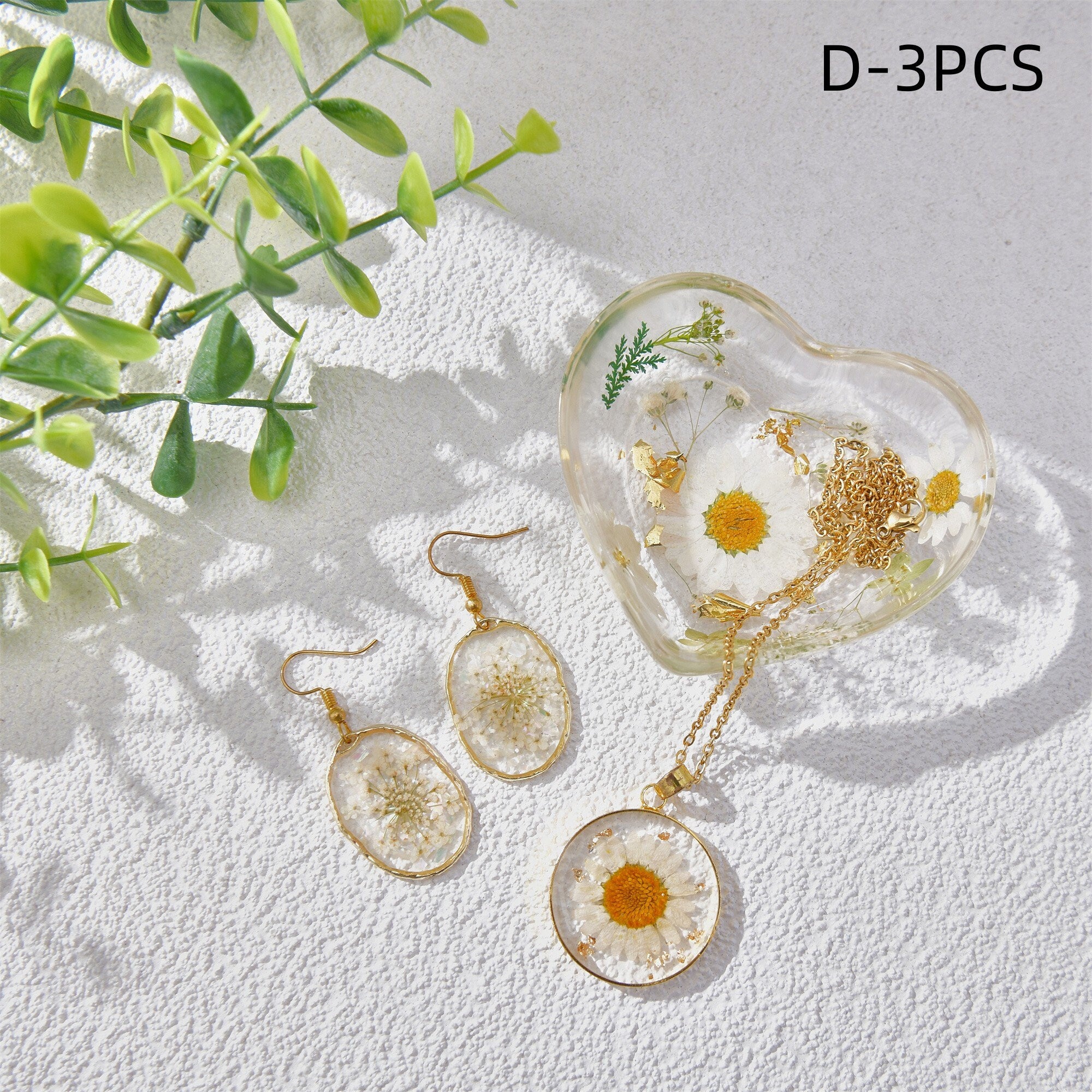 3/4PCS Resin Dried Flowers Necklaces/Earrings/Tray White Flower Jewelry Sets