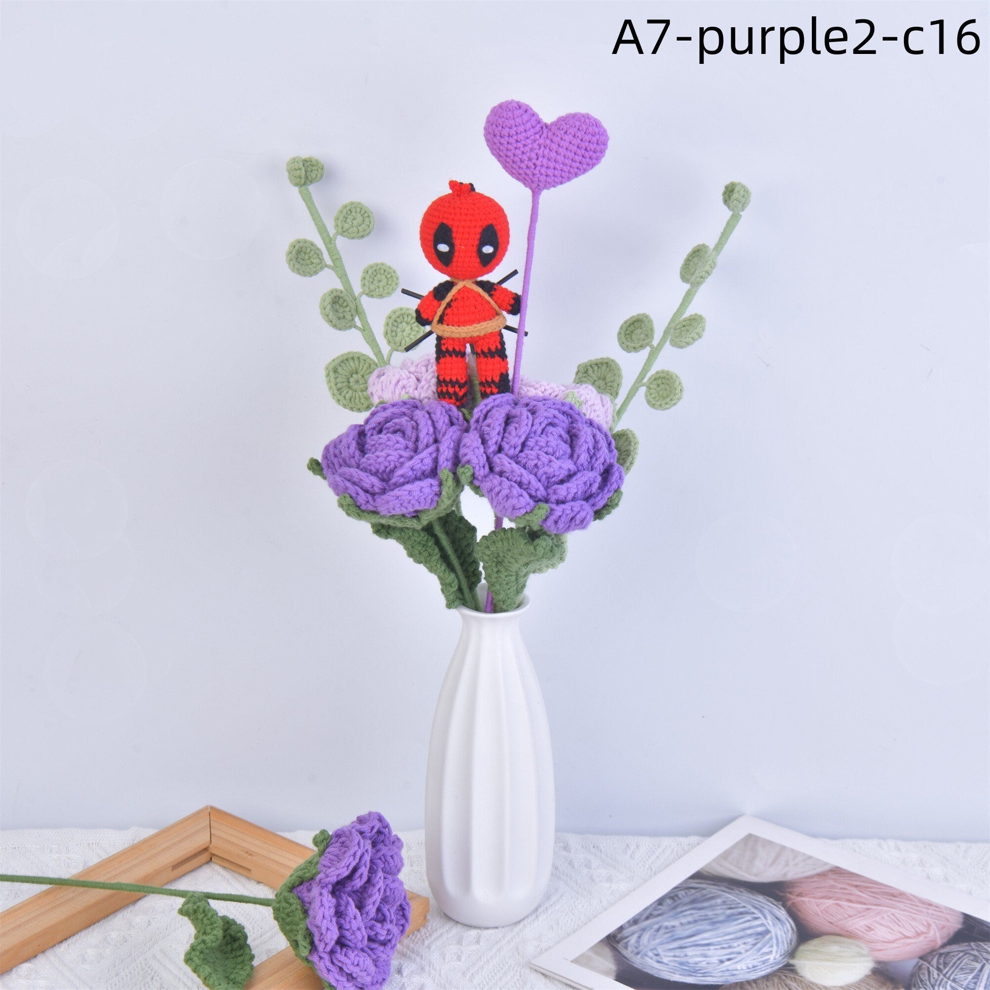 Handmade Flowers&Crochet Deadpool Pendant Doll Crochet Bouquet