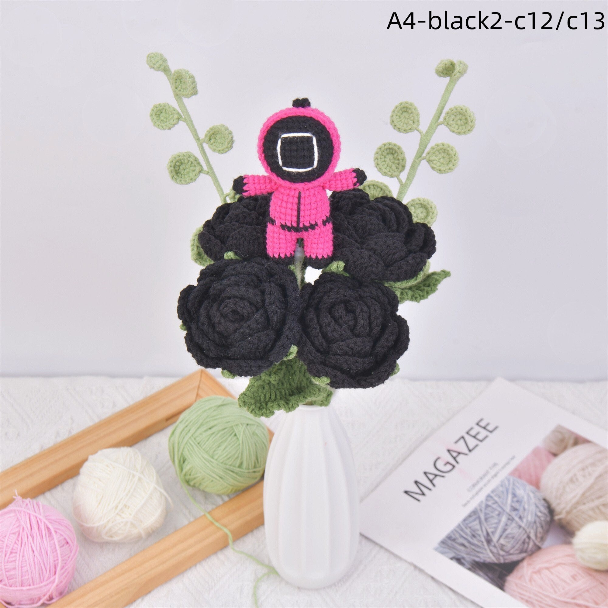 7PCS Handmade Doll Black Roses&Squid Game Crochet Bouquet