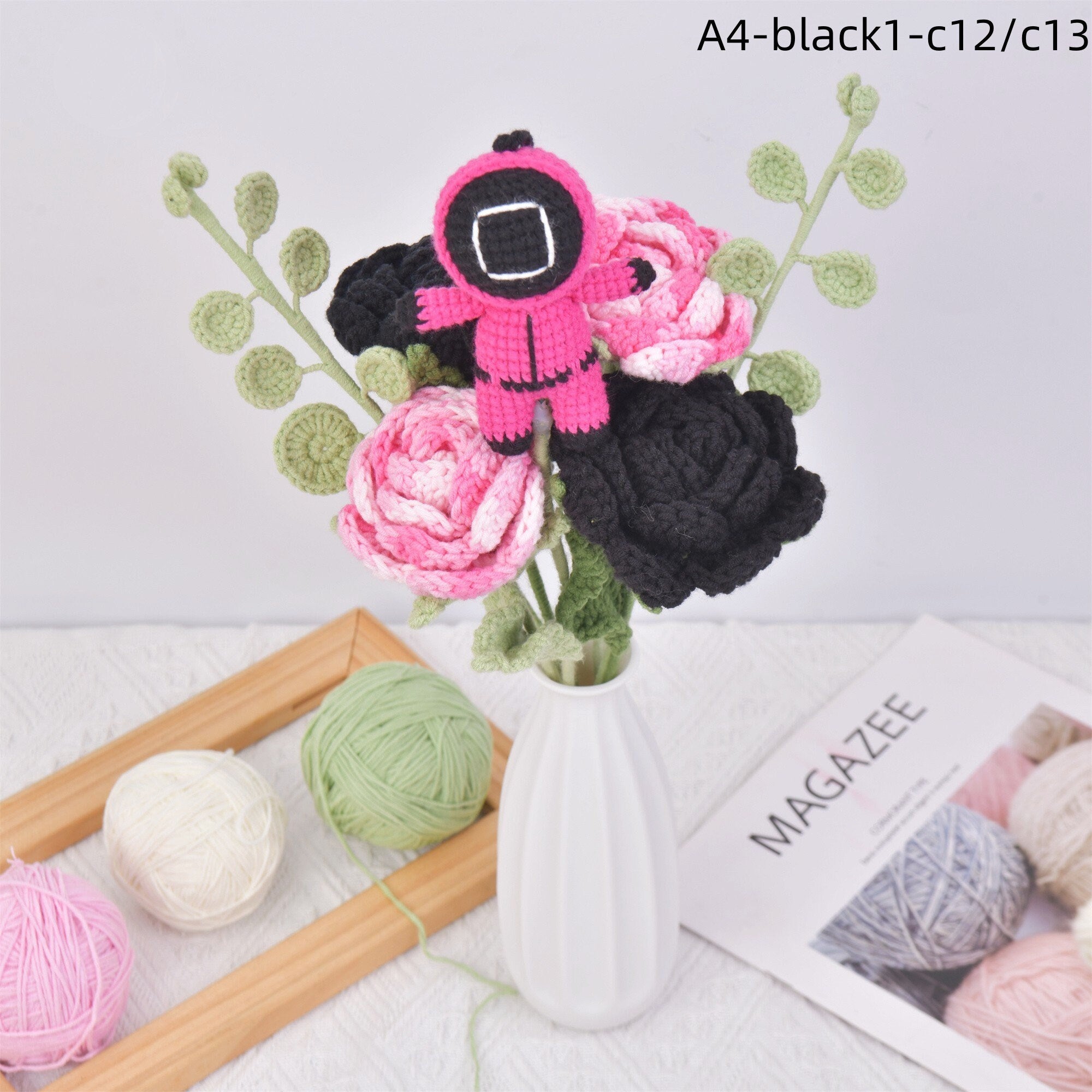 7PCS Handmade Doll Black Roses&Squid Game Crochet Bouquet