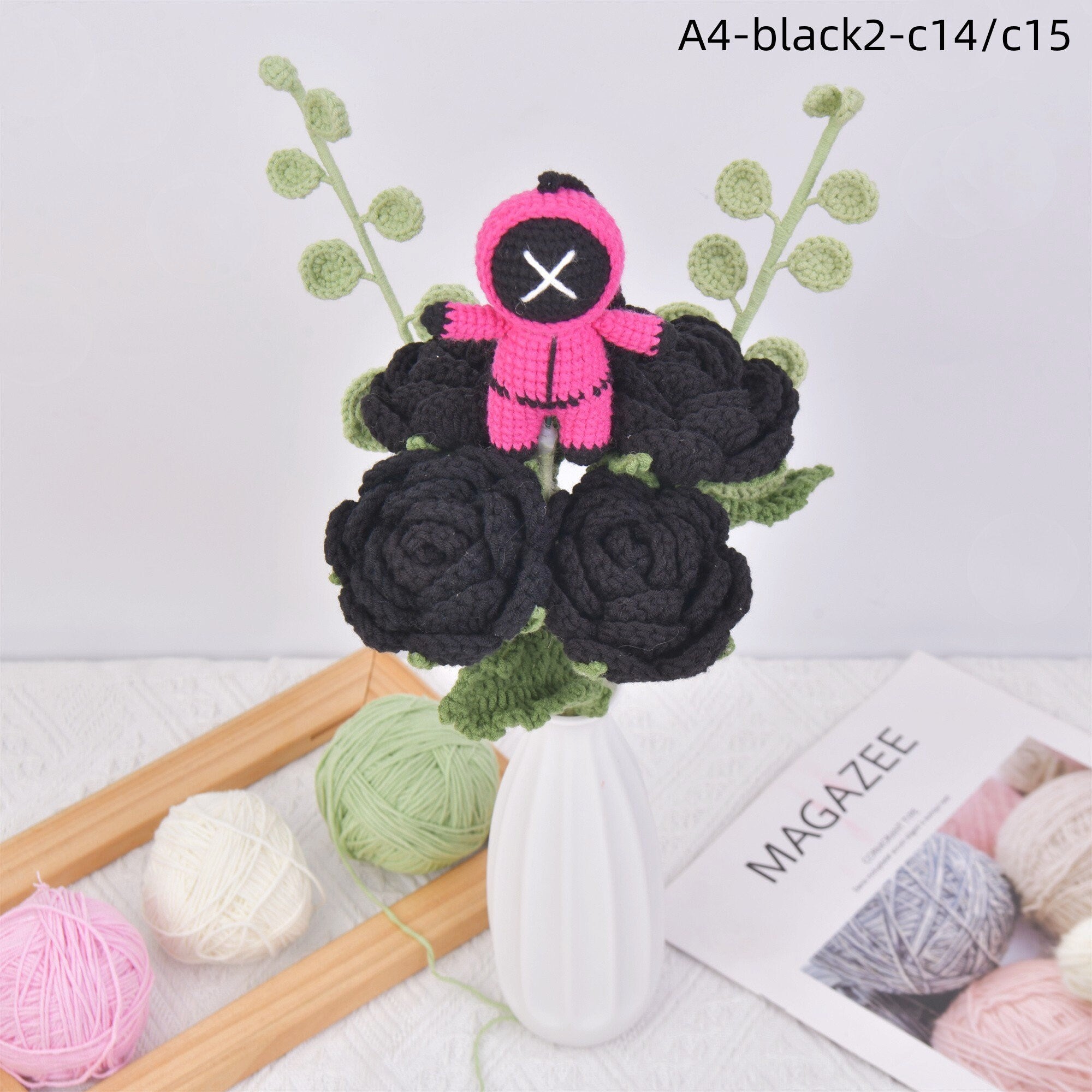 7PCS Handmade Doll Black Roses&Squid Game Crochet Bouquet