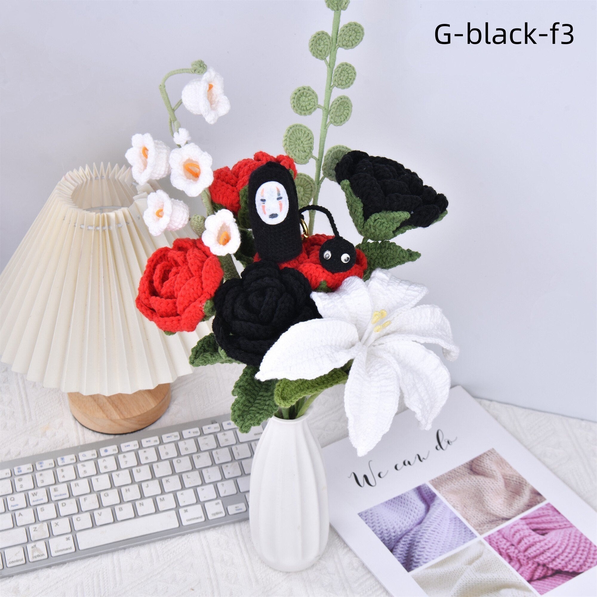 Handmade 9PCS Doll Black Rose Crochet Bouquet