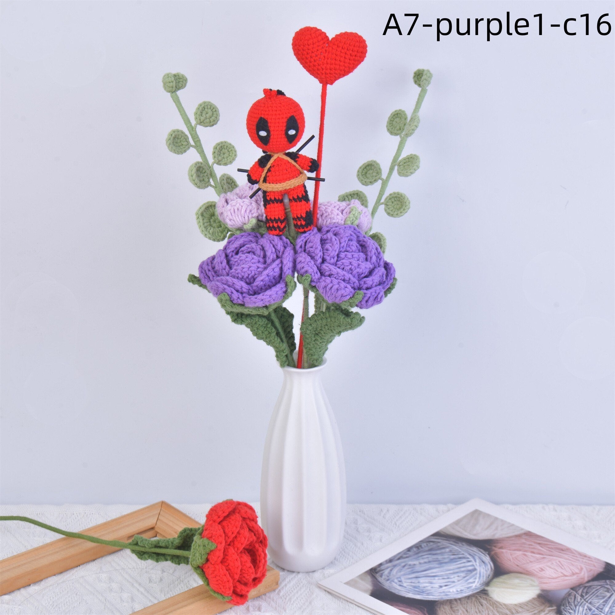 Handmade Flowers&Crochet Deadpool Pendant Doll Crochet Bouquet