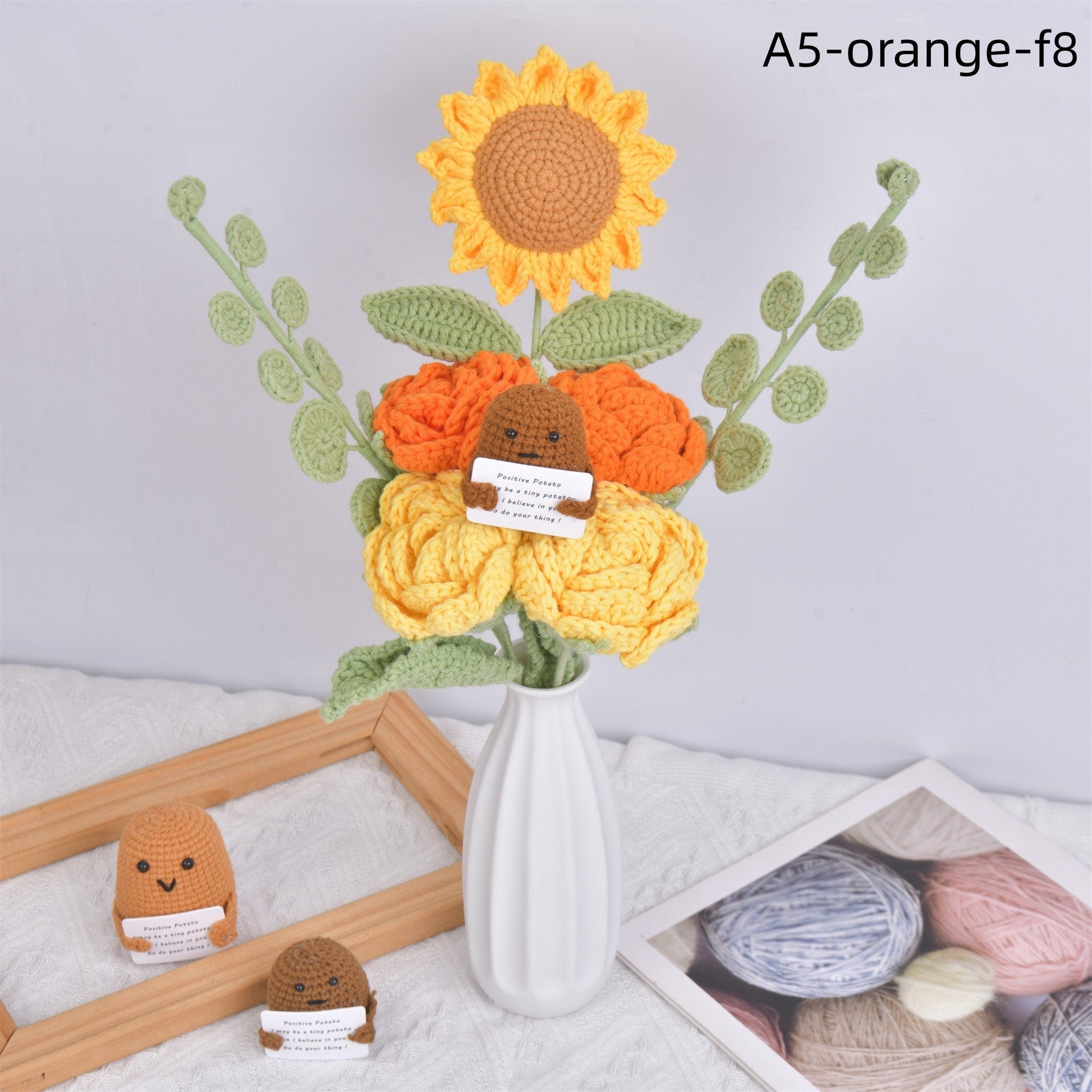 8PCS Handmade Positive Roses/Sunflower/Love and Potato Doll Crochet Bouquet