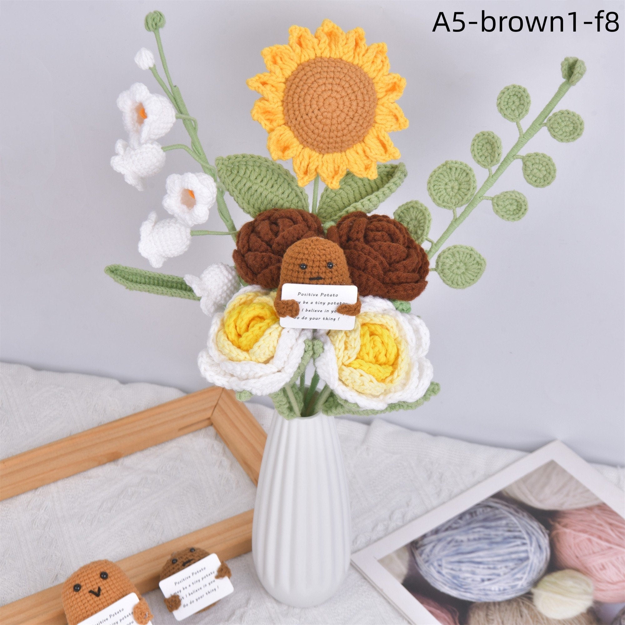 8PCS Handmade Positive Roses/Sunflower/Love and Potato Doll Crochet Bouquet