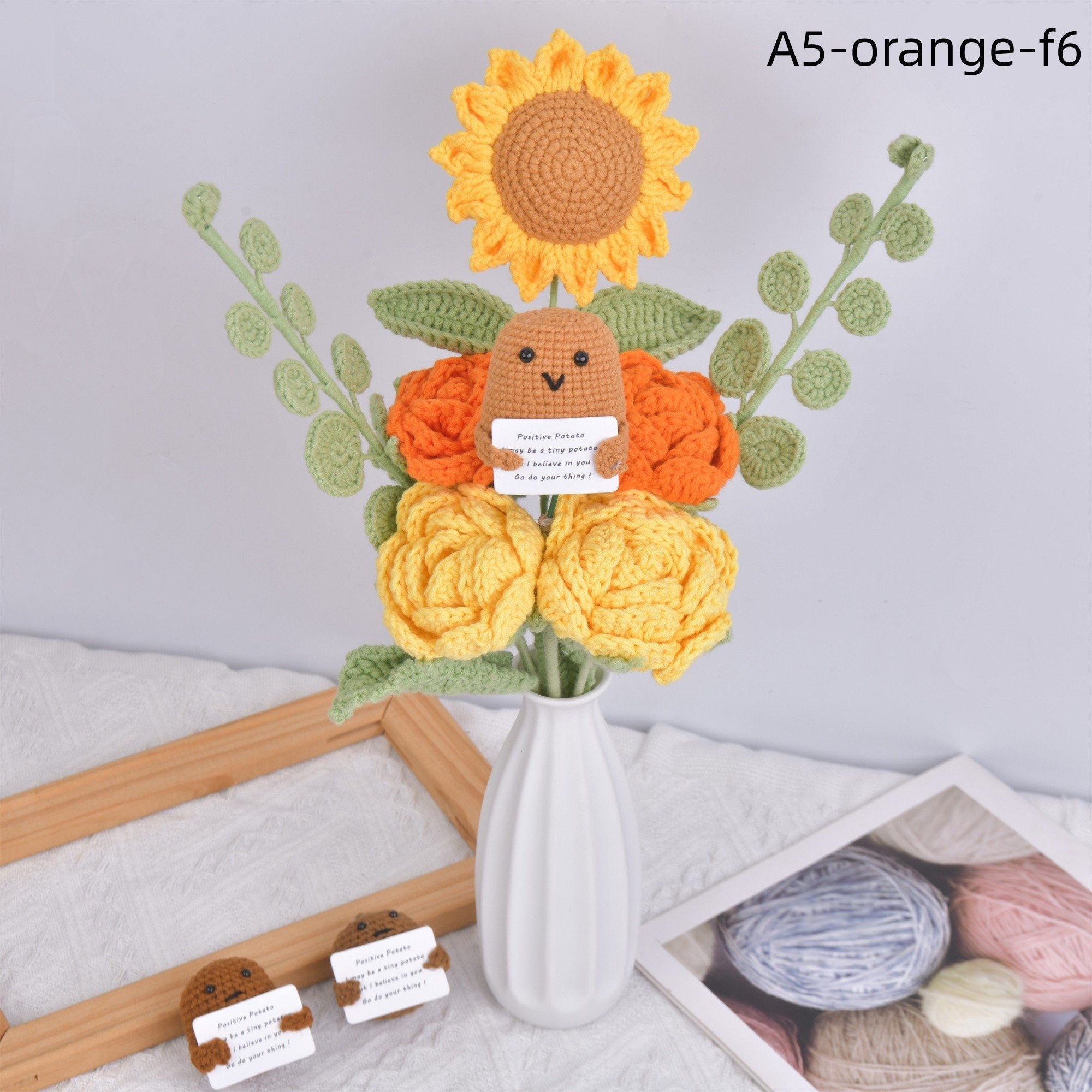 8PCS Handmade Positive Roses/Sunflower/Love and Potato Doll Crochet Bouquet