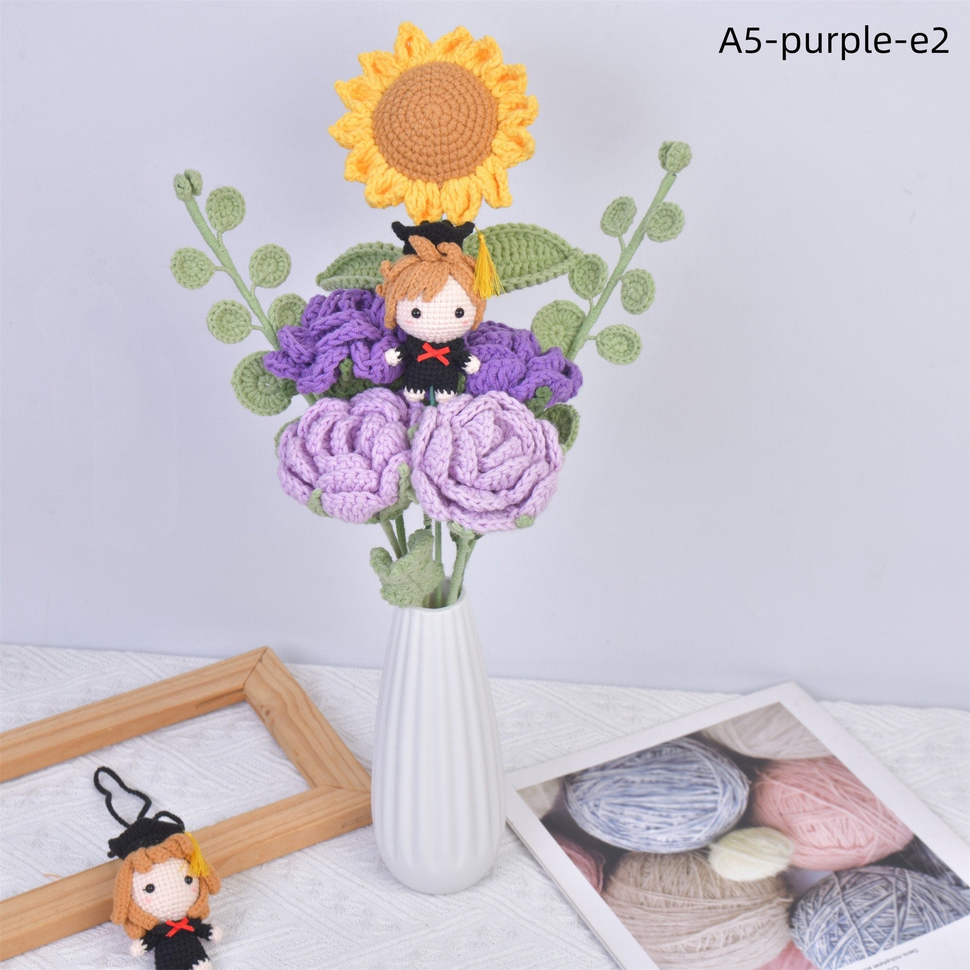 Graduation Doll Knit Rose/Tulip/Carnation/Sunflower/Gerbera/Eucalyptus Crochet Bouquet