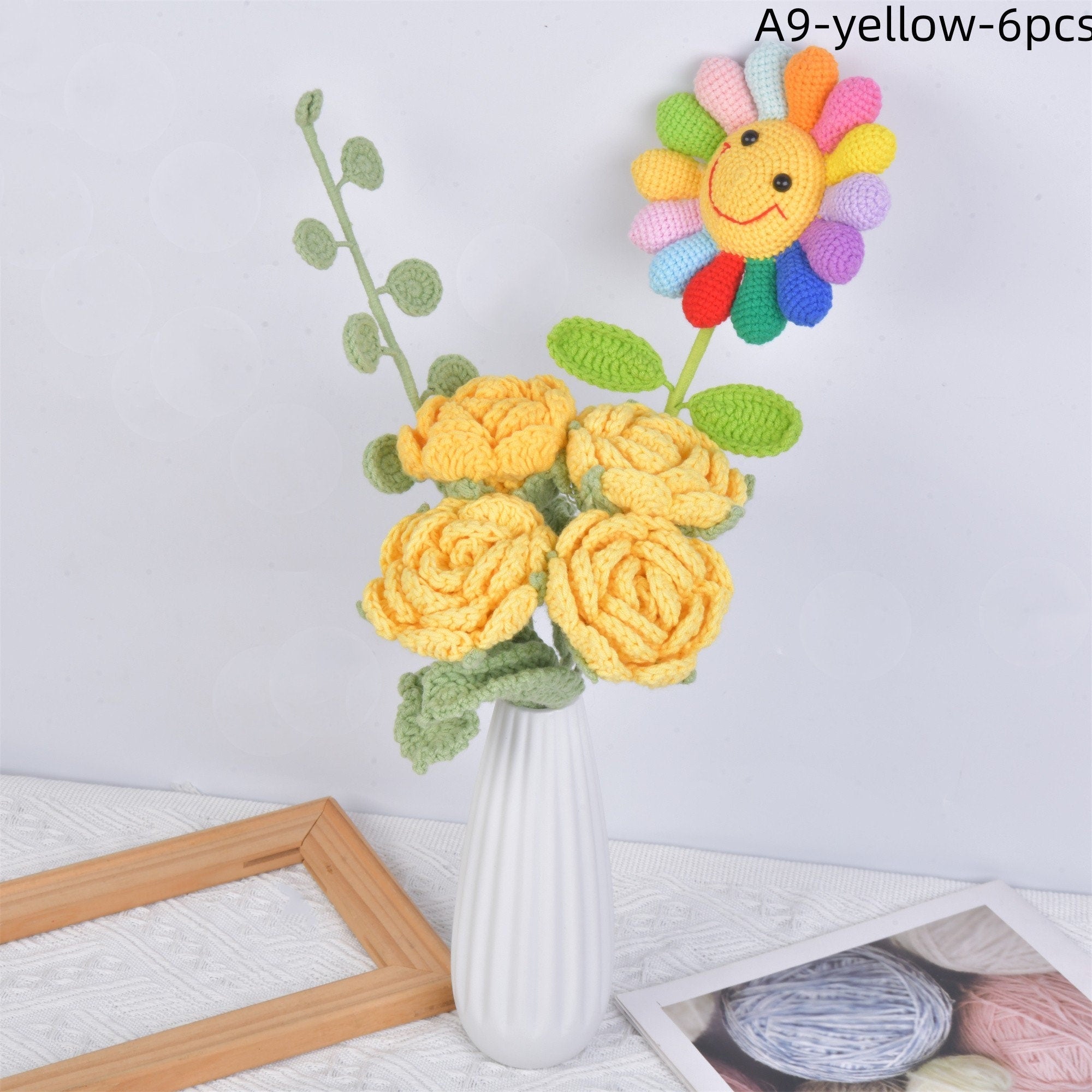 6PCS Handmade Rainbow Smile Sunflower/Roses/Eucalyptus Crochet Bouquet