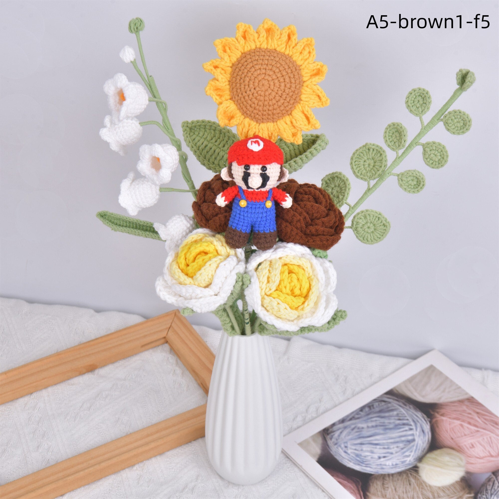 8PCS Handmade Rose/Tulip/Daisy/Sunflower/Red Heart and Mario Toys Crochet Bouquet