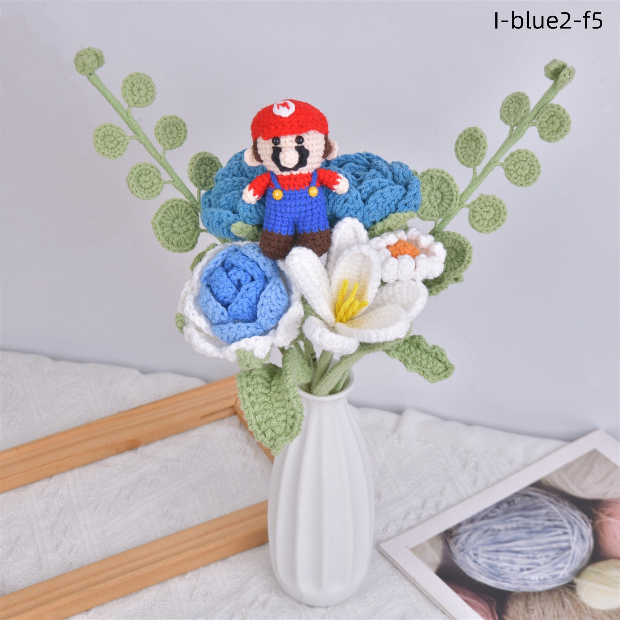 8PCS Handmade Rose/Tulip/Daisy/Sunflower/Red Heart and Mario Toys Crochet Bouquet