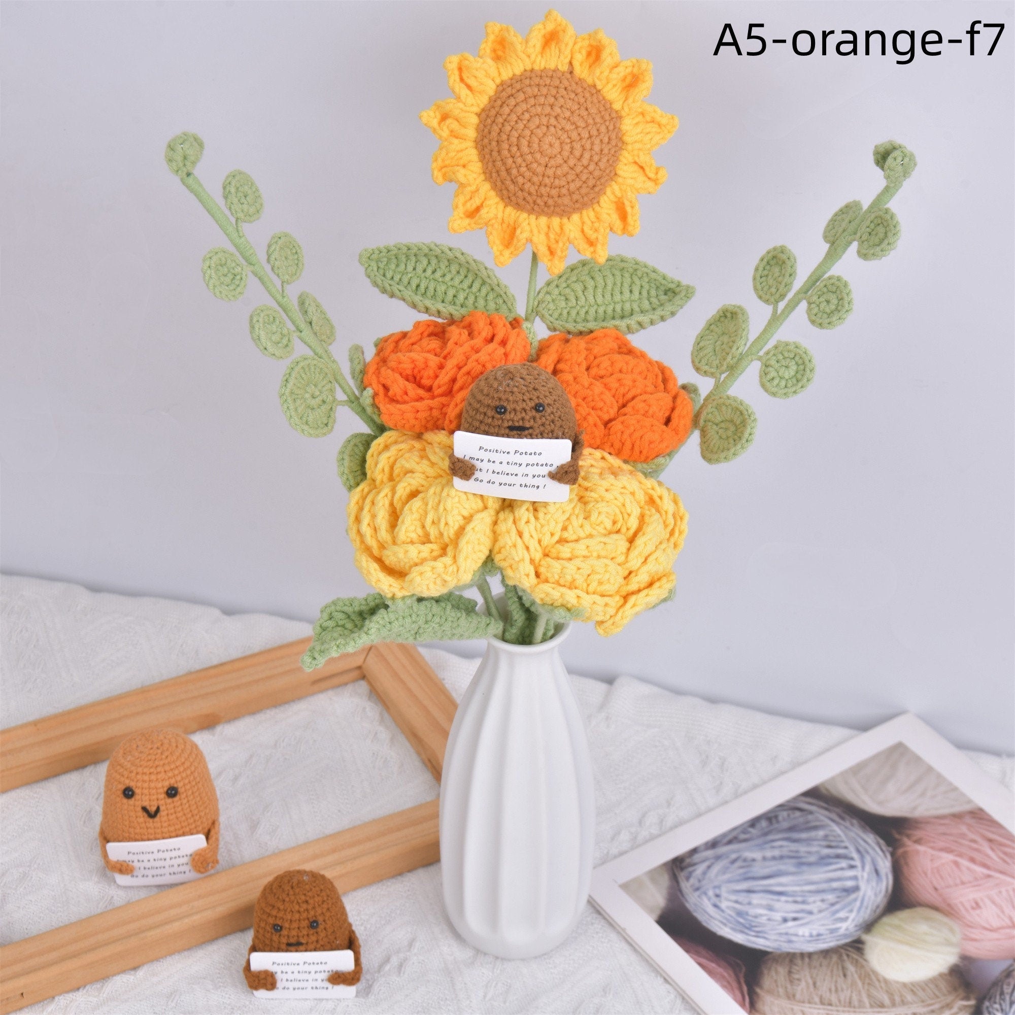 8PCS Handmade Positive Roses/Sunflower/Love and Potato Doll Crochet Bouquet