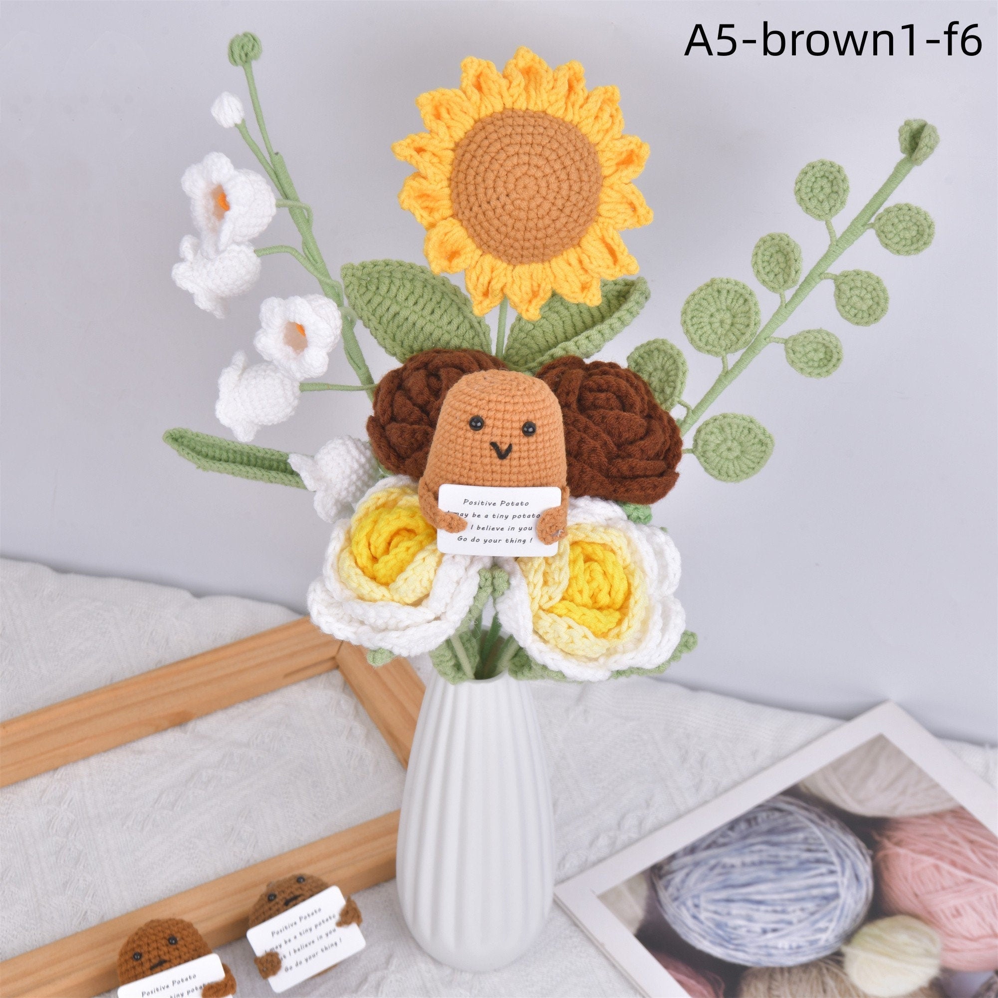 8PCS Handmade Positive Roses/Sunflower/Love and Potato Doll Crochet Bouquet