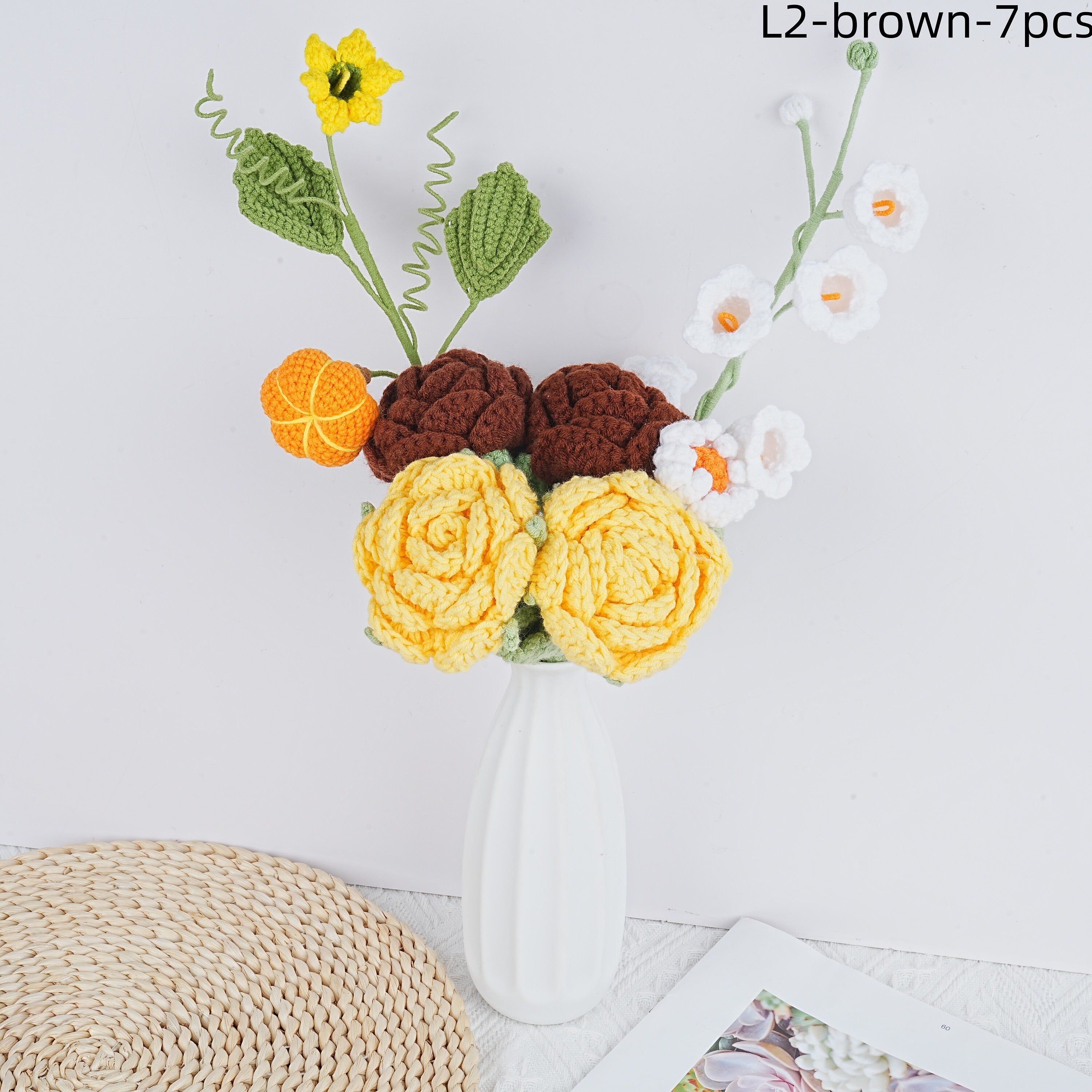 7PCS Handmade Rose Pumpkin Lily of the Valley and Daisy Crochet Bouquet