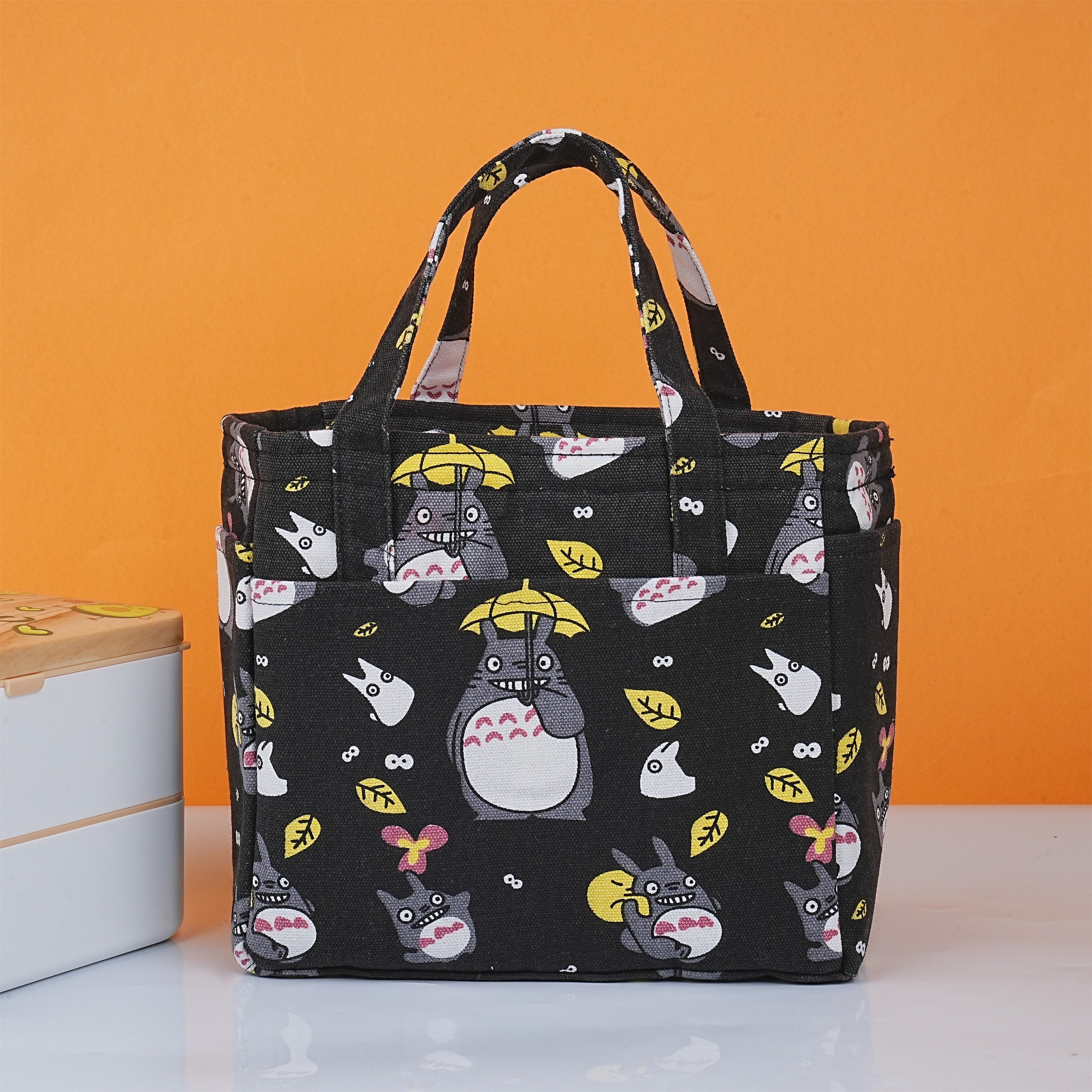 Embroidered Totoro Pattern Canvas Lunch Bag with Heat Insulated