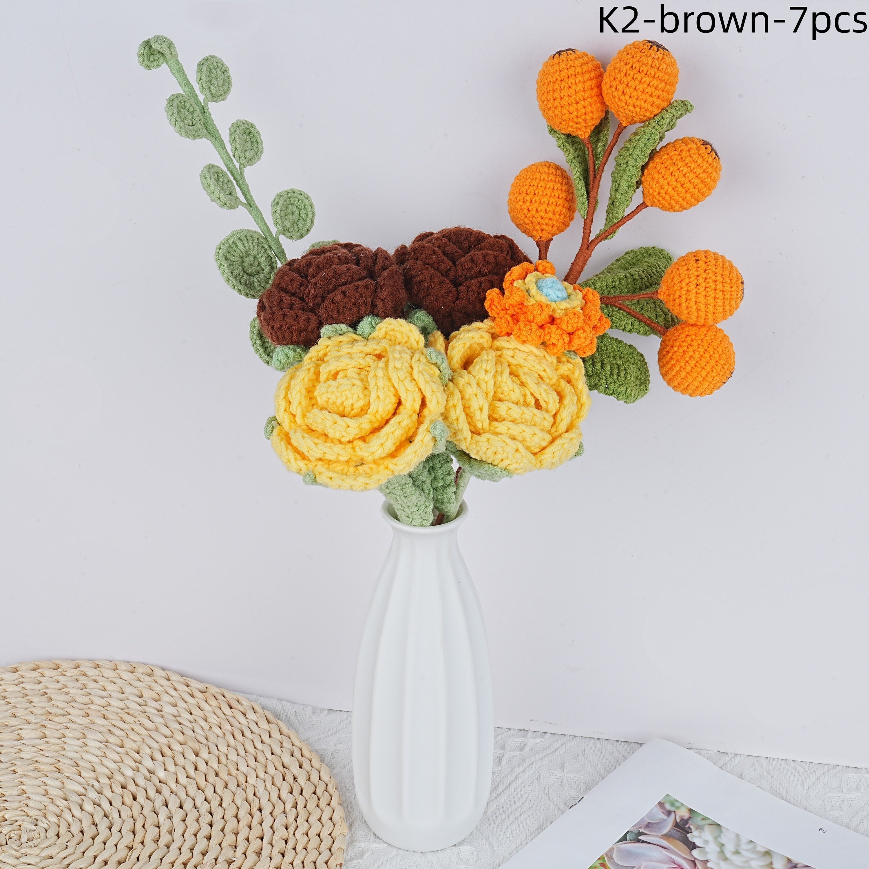 7PCS Handmade Rose Loquat Gerbera and Eucalyptus Crochet Bouquet