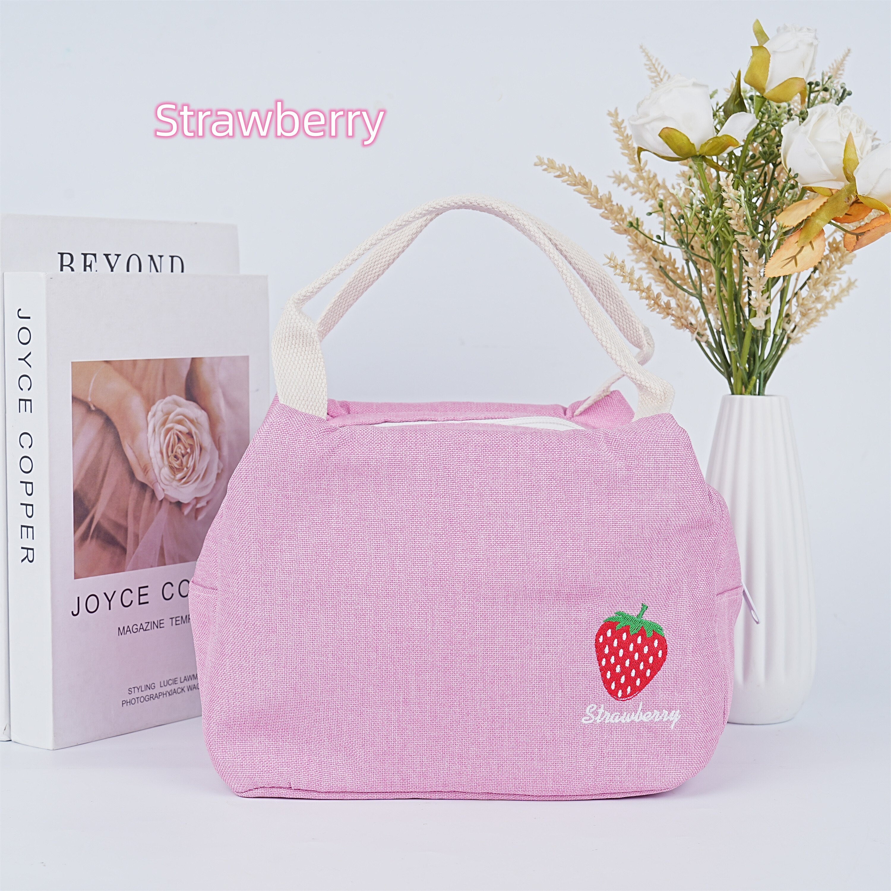 Handmade Embroidered Fruit Pattern Canvas  Zipper Lunch Bag