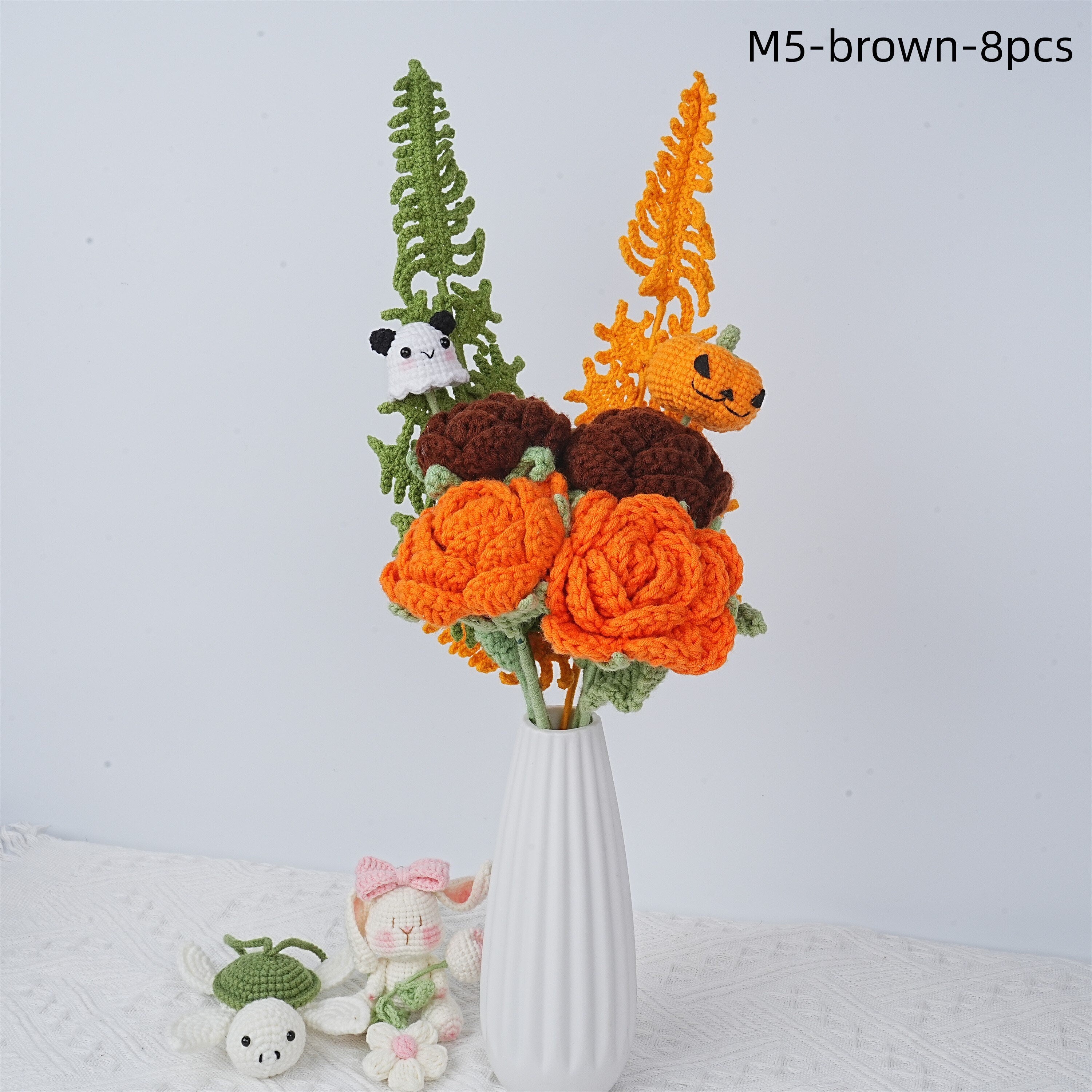 8PCS Handmade Rose Fern Leaf Devil Pumpkin Crochet Bouquet