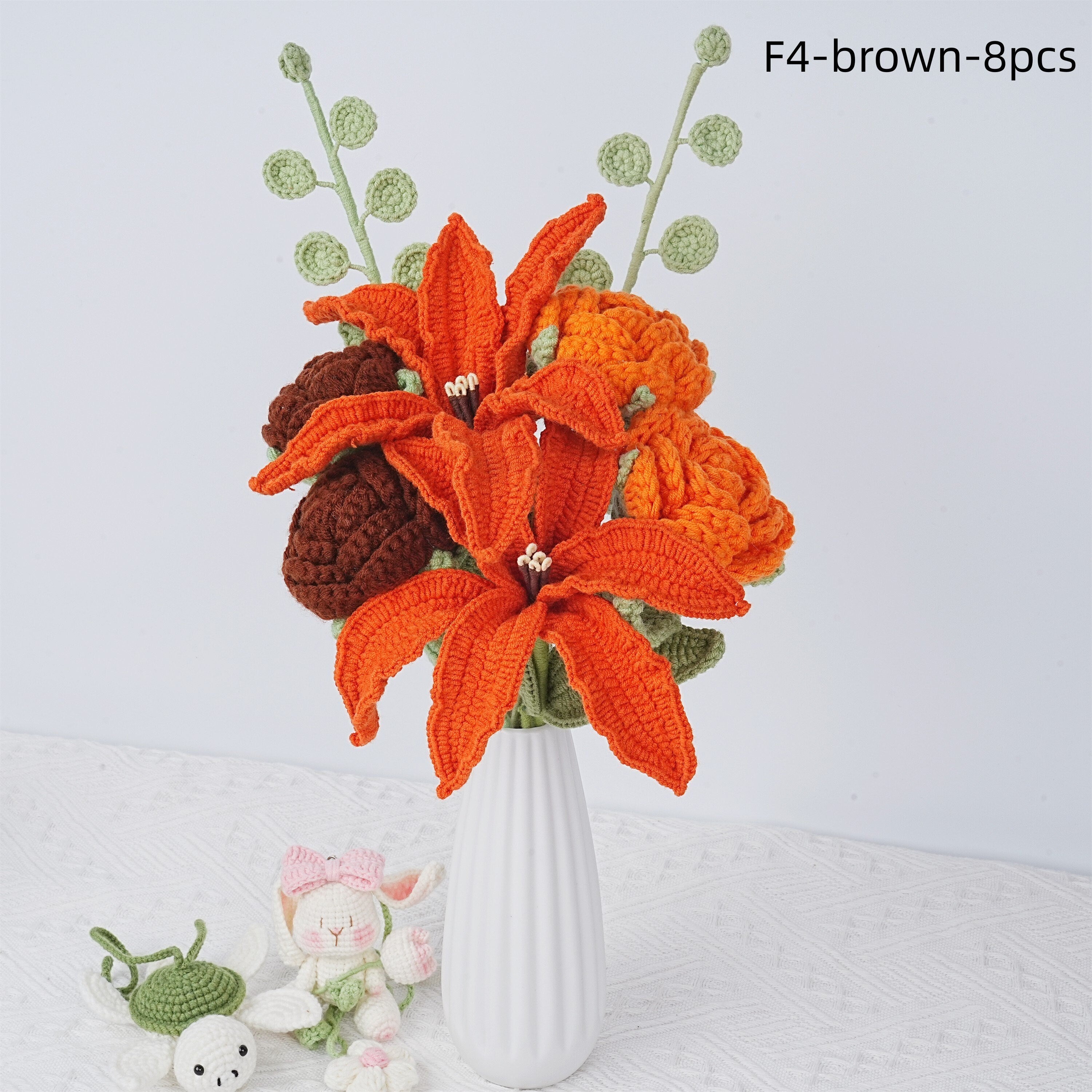 8PCS Handmade Orange Lily Rose Carnation Flowers Crochet Bouquet