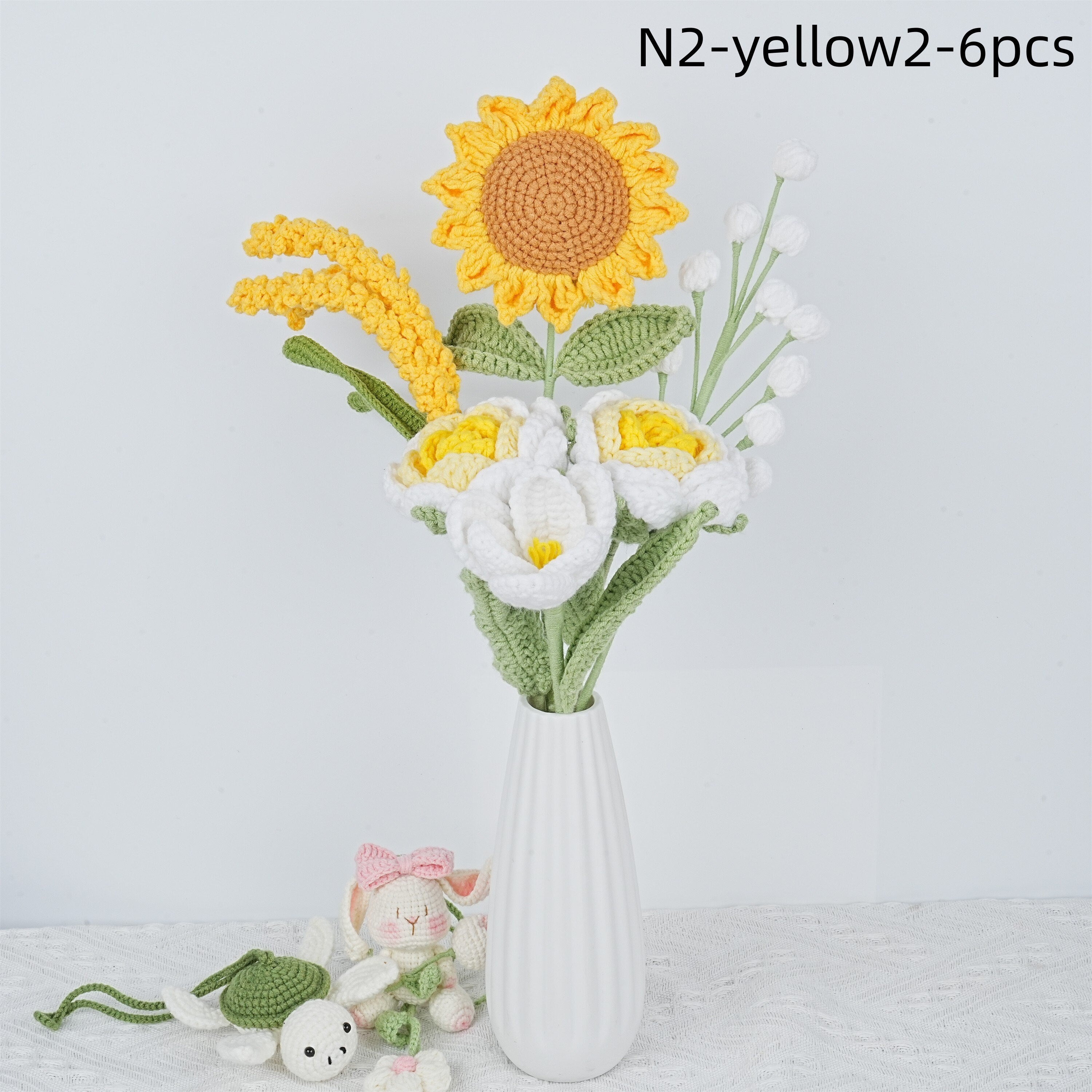 6PCS Handmade Yellow Wheat/Rose/Carnation/Sunflower/Tulip Crochet Bouquet