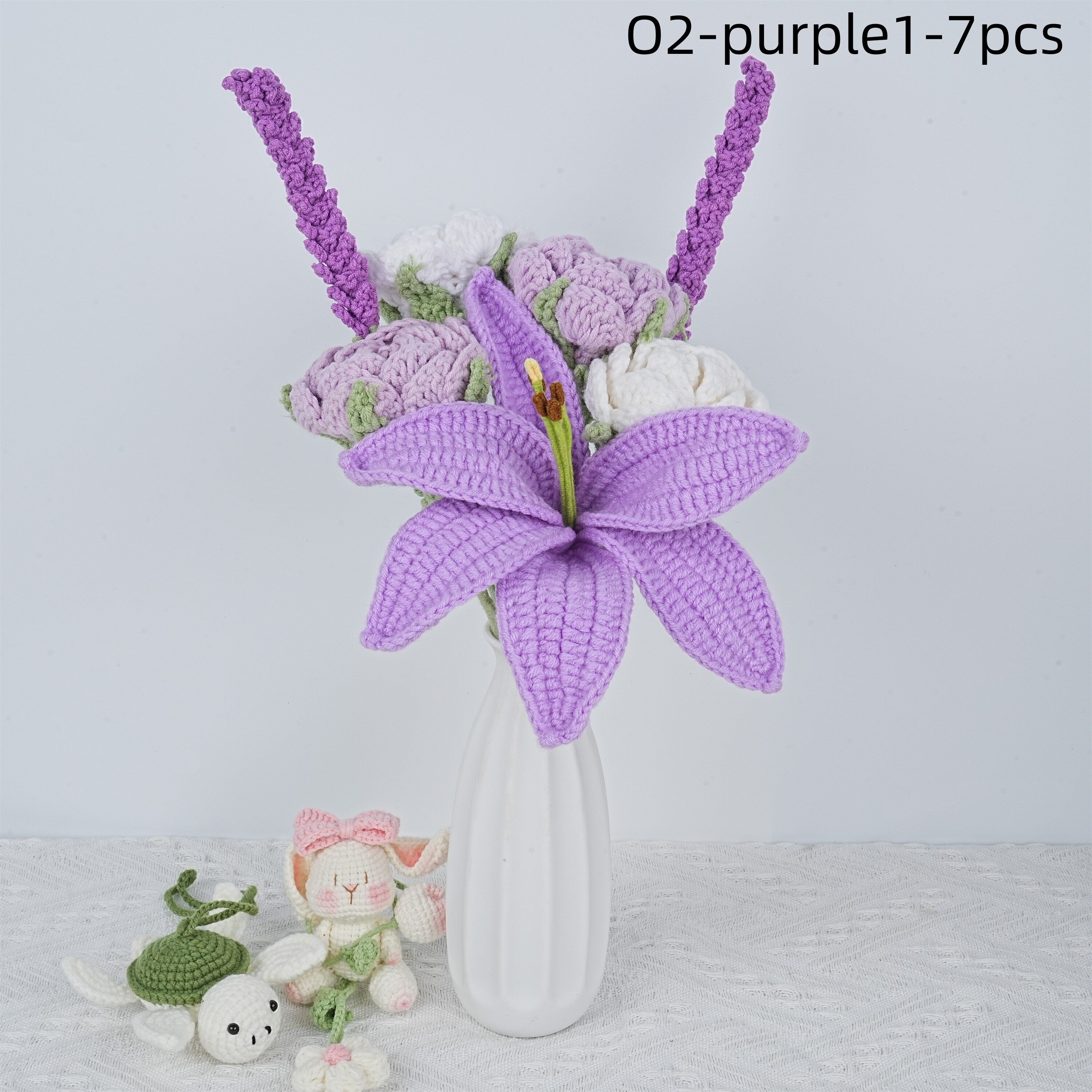 7PCS Handmade Lily Rose Lavender Carnation Flowers Crochet Bouquet