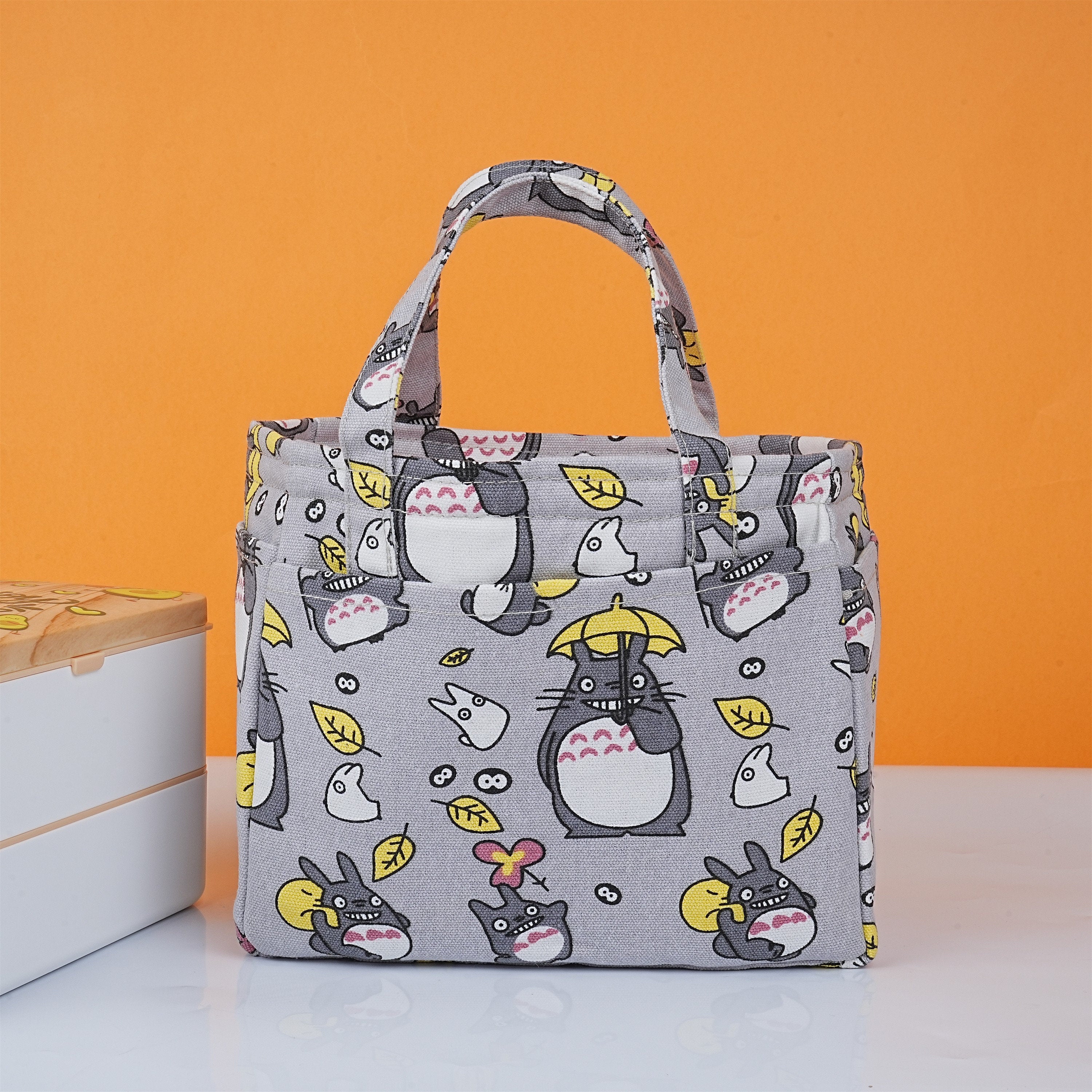 Embroidered Totoro Pattern Canvas Lunch Bag with Heat Insulated