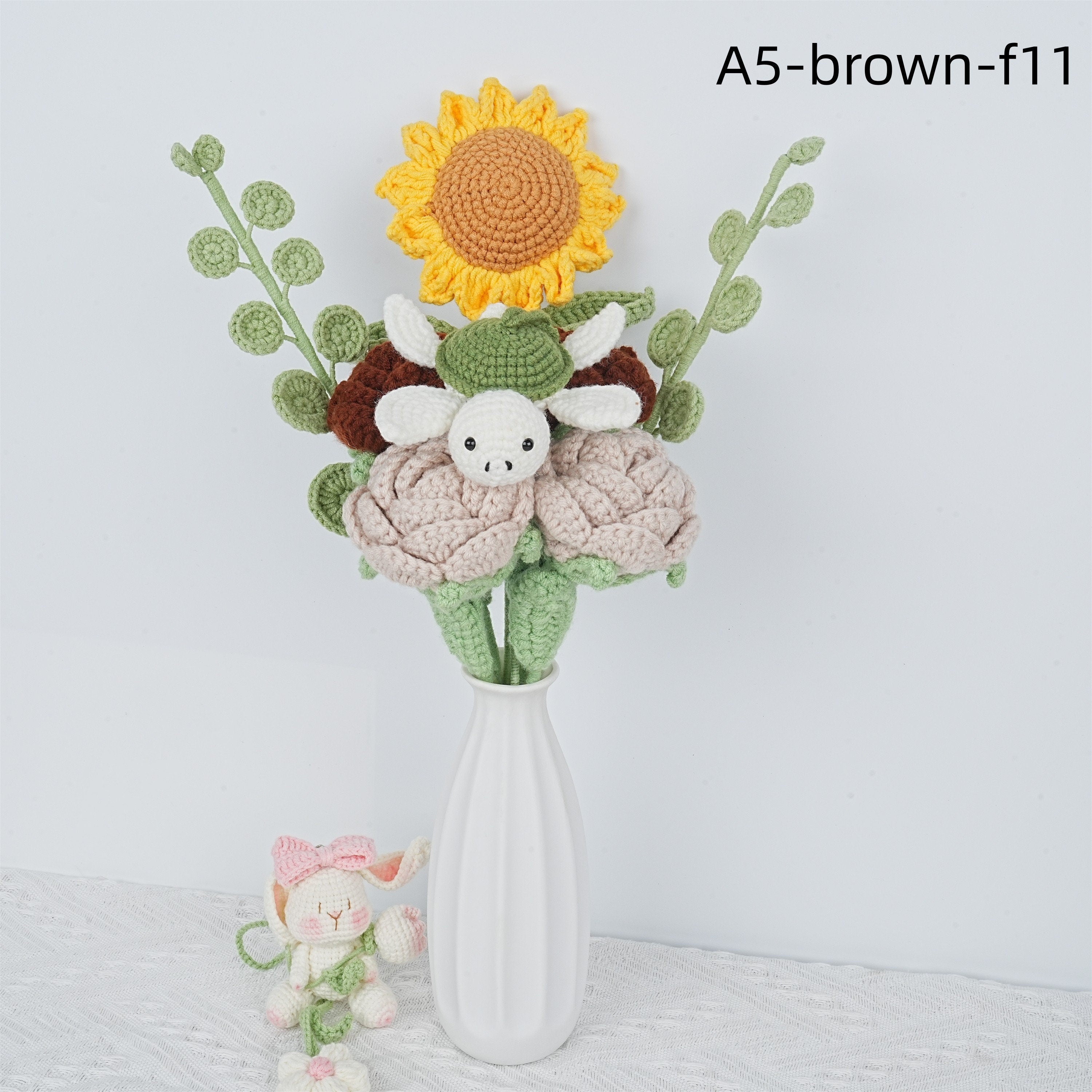 8PCS Handmade Roses Sunflower&Crochet Elephant/Rabbit/Turtle Dolls Crochet Bouquet