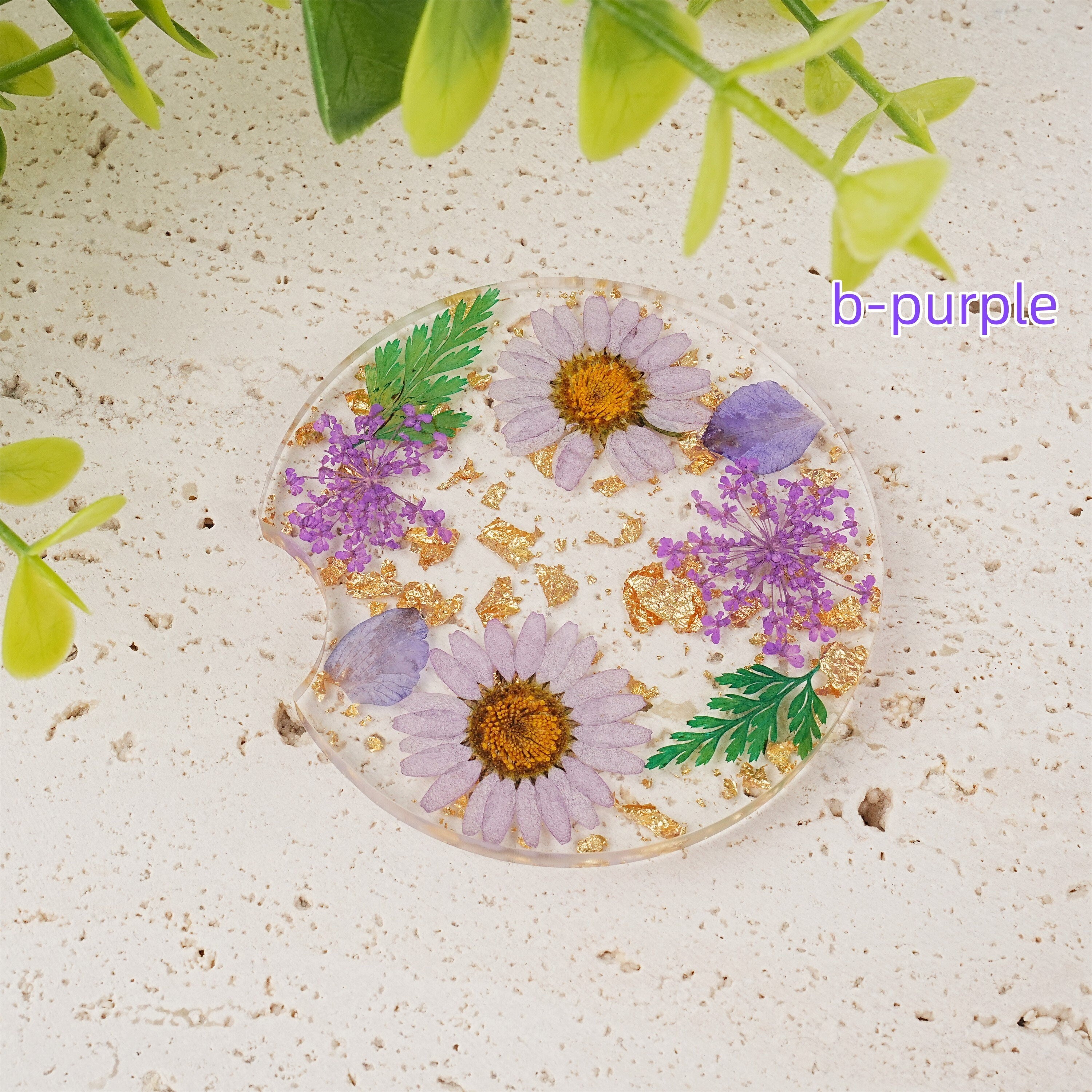 Round Shaped Resin Car Coasters with Real Dried Flowers