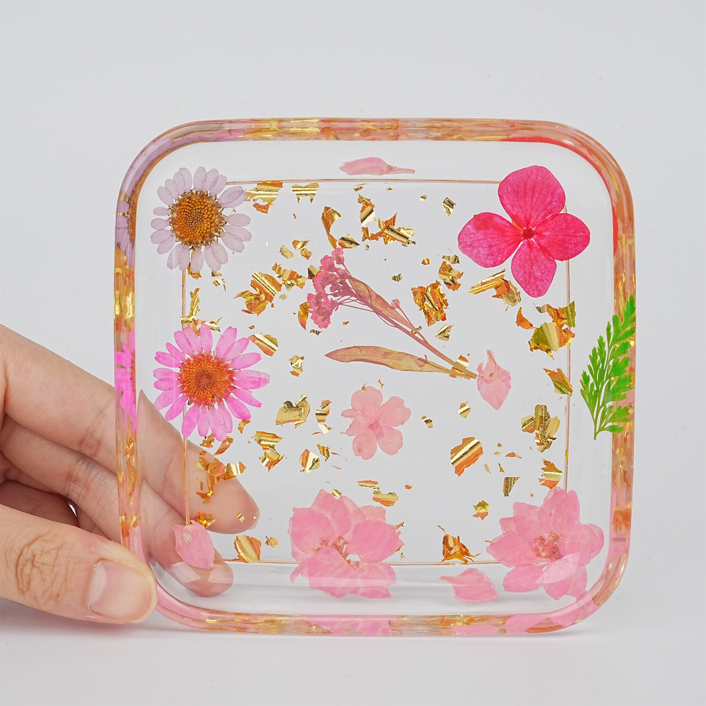 Square Shaped Resin Jewelry Tray with Real Dried Flowers