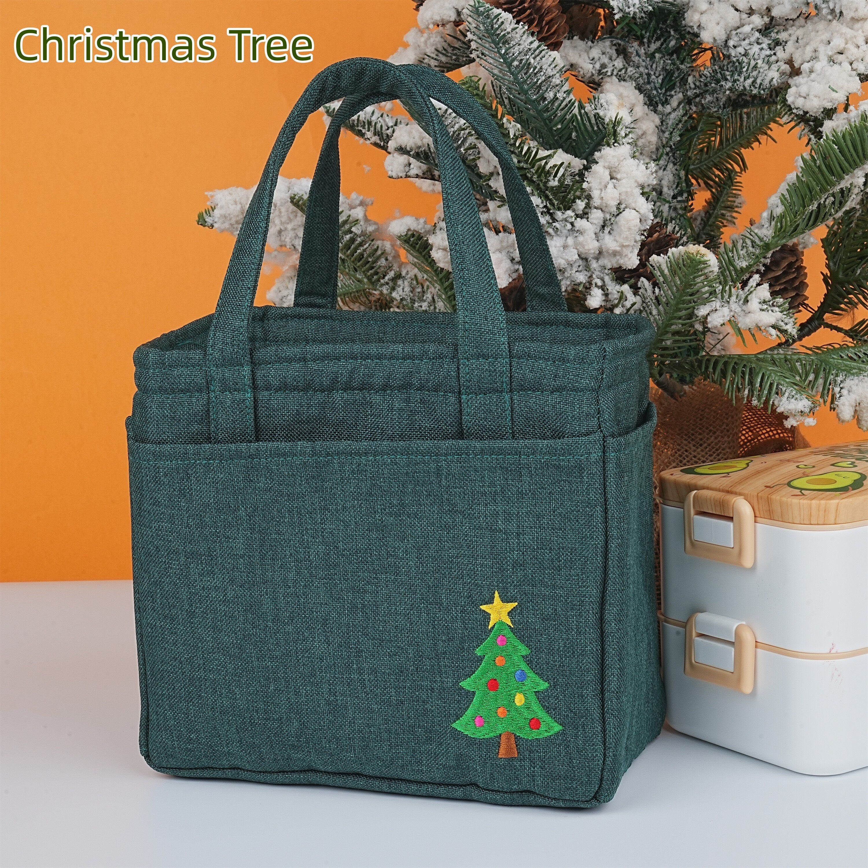 Handmade Embroidered Pumpkin/Tree Pattern Lunch Bag