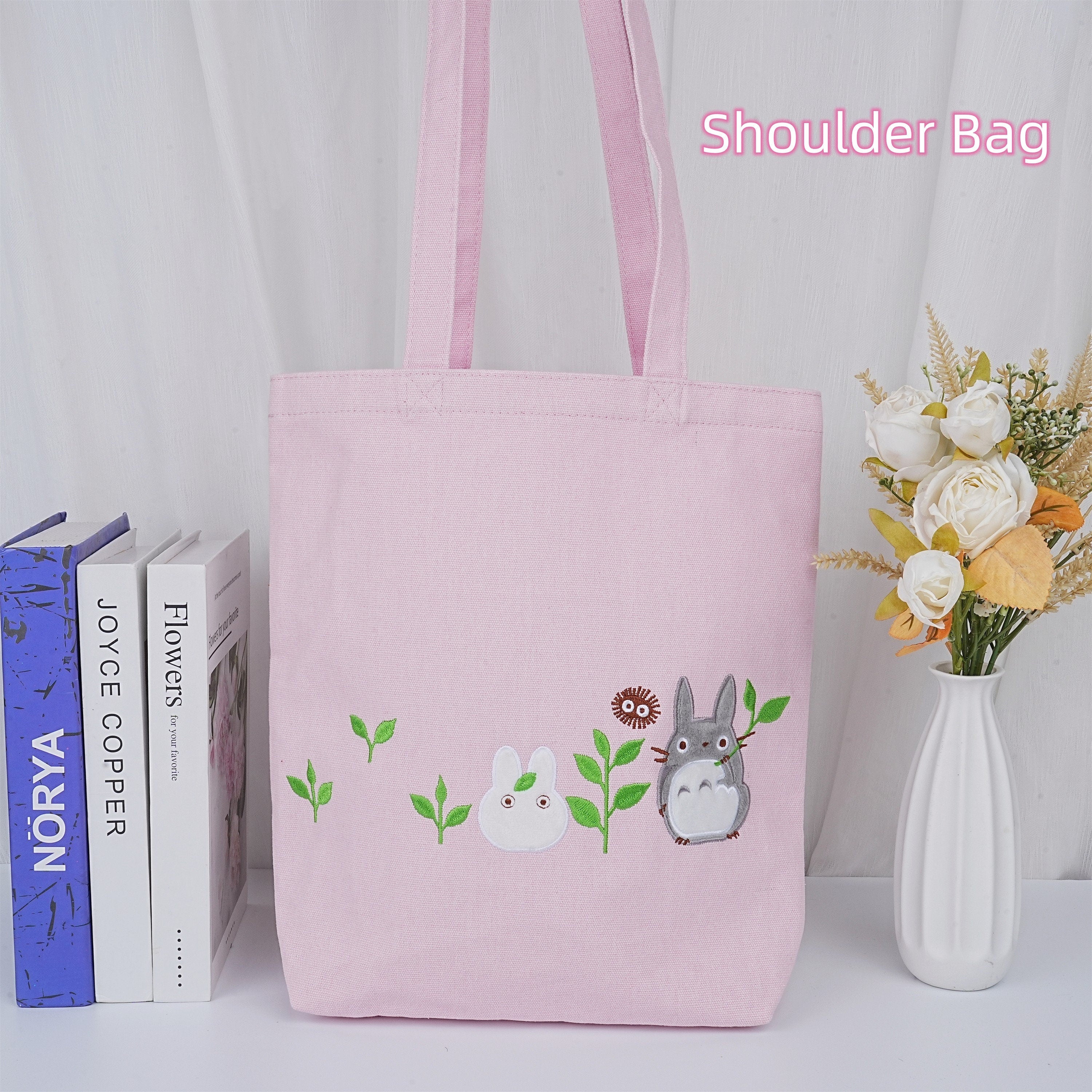 Embroidered Totoro Pink Canvas Cosmetic Bag Tote Bag