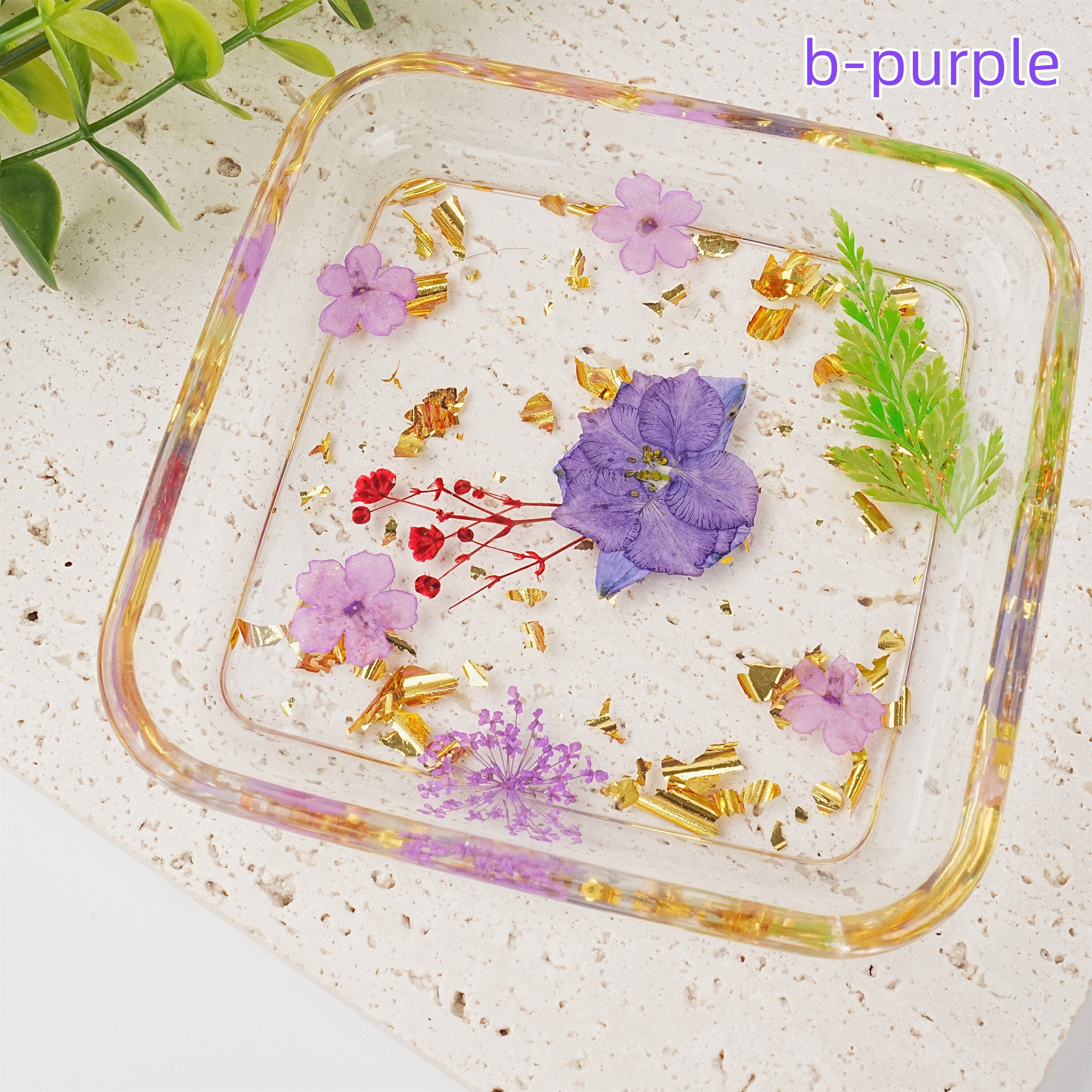 Square Shaped Resin Jewelry Tray with Real Dried Flowers