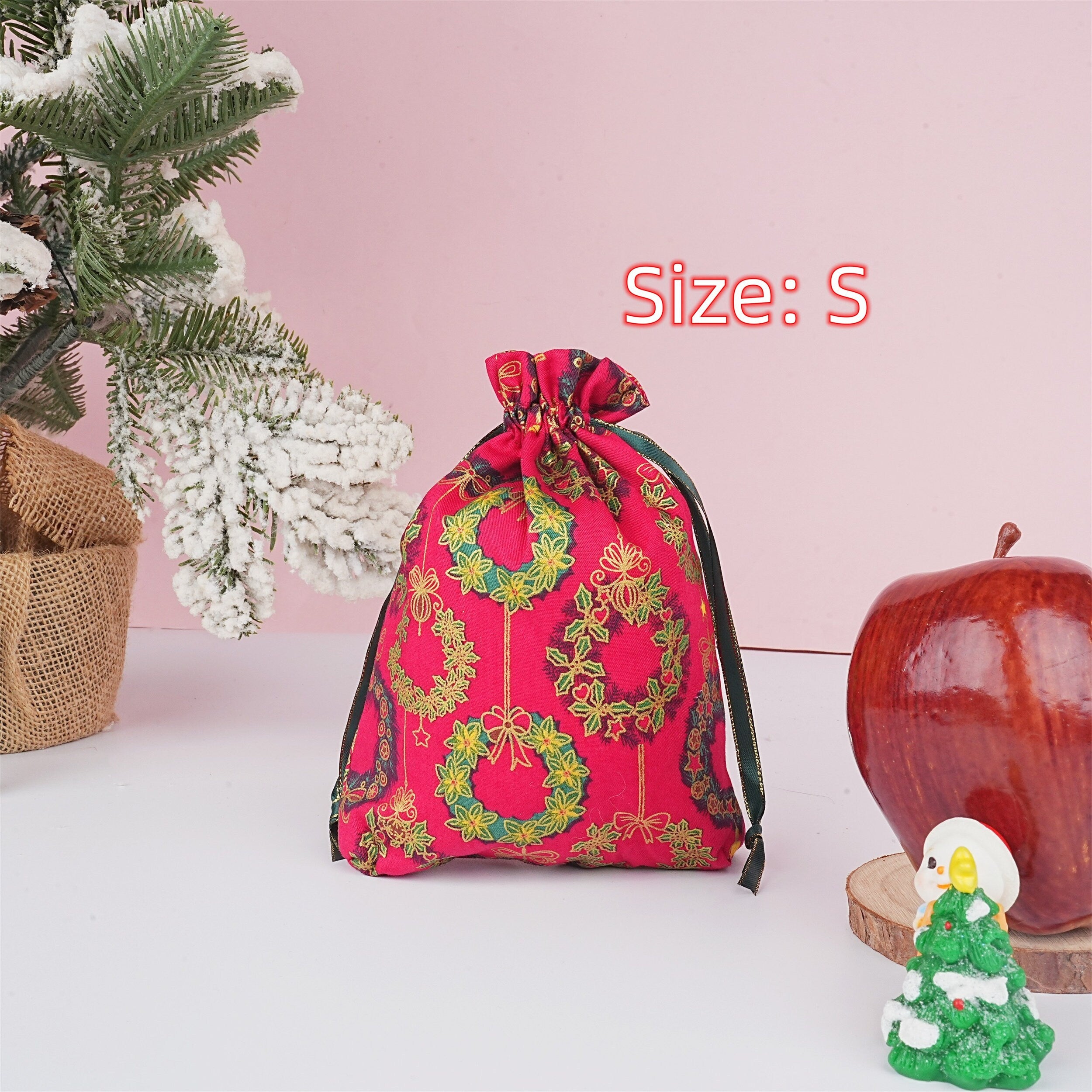 S/M/L Handmade Bronzing Christmas Wreath Red Drawstring Gift Bags