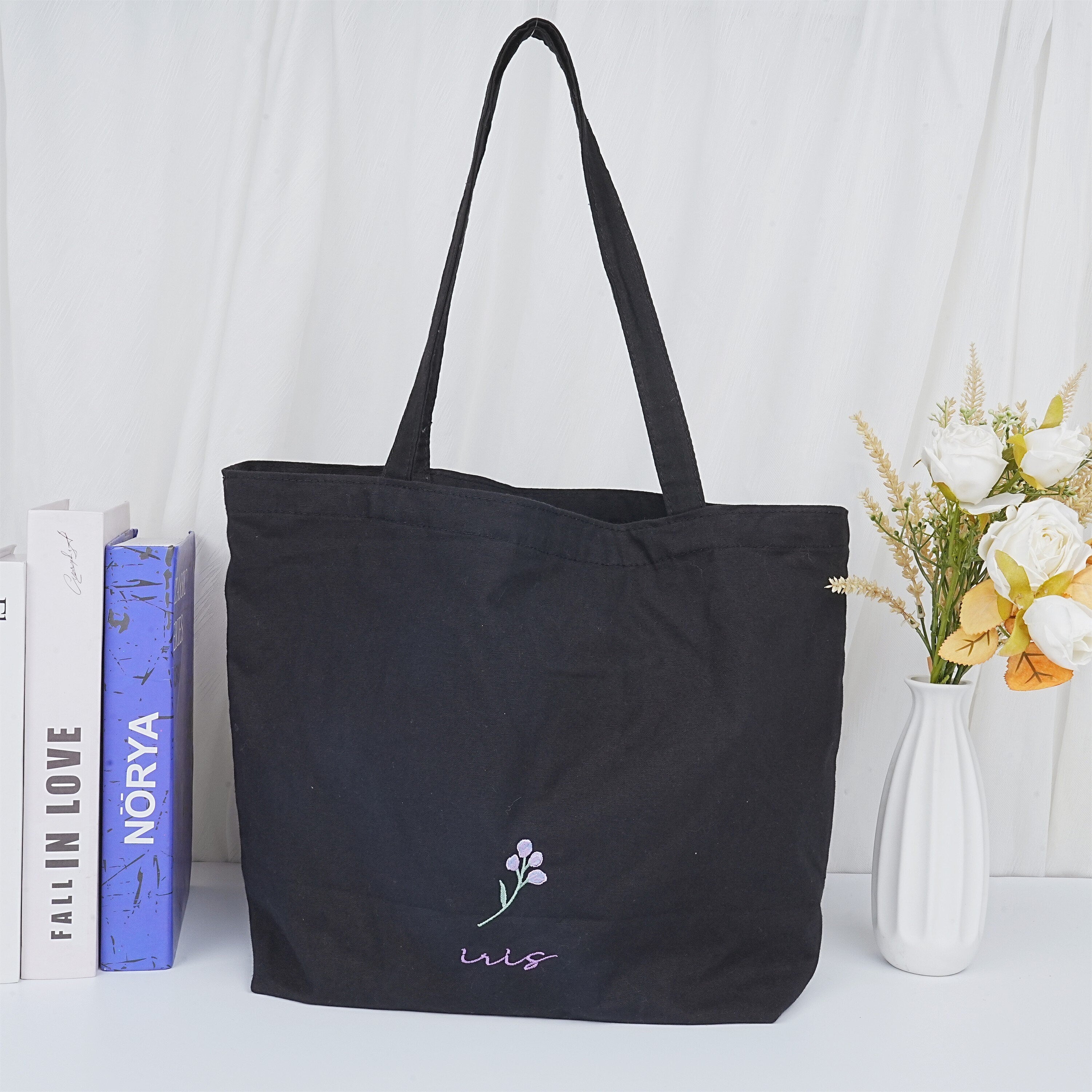 Embroidered Purple Flowers Tote Bag With Inner Pocket