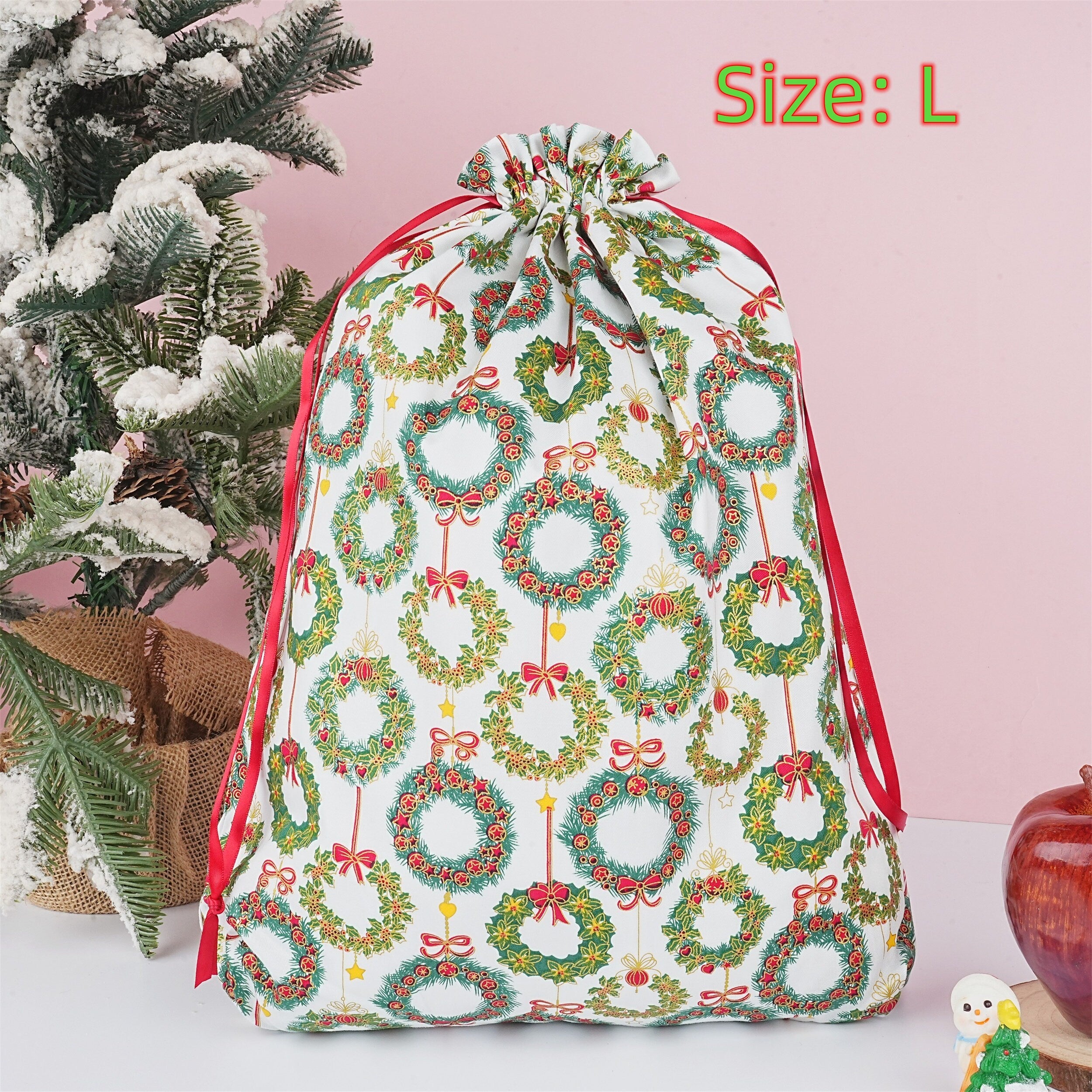 S/M/L Handmade Bronzing Christmas Wreath Green Drawstring Gift Bags