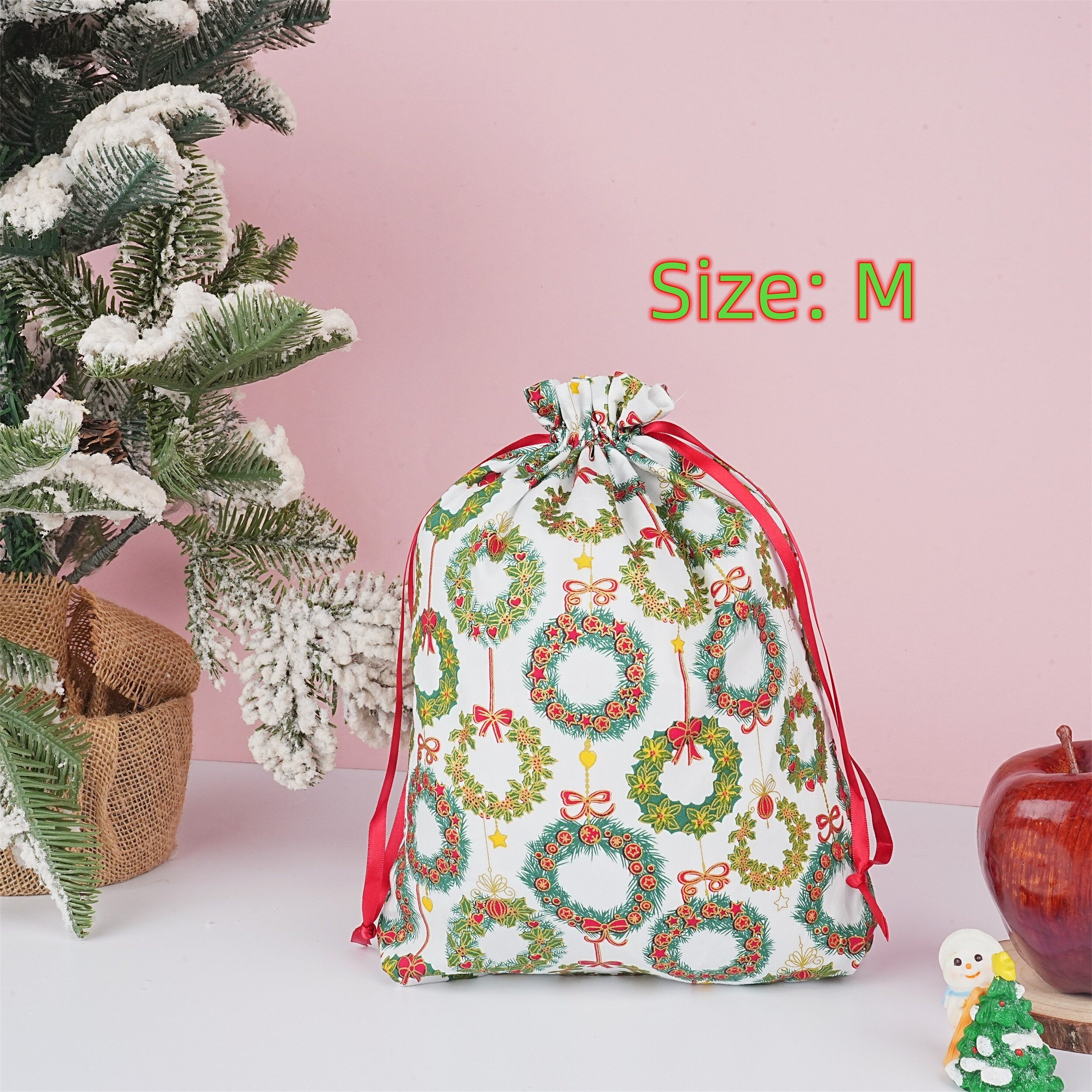 S/M/L Handmade Bronzing Christmas Wreath Green Drawstring Gift Bags