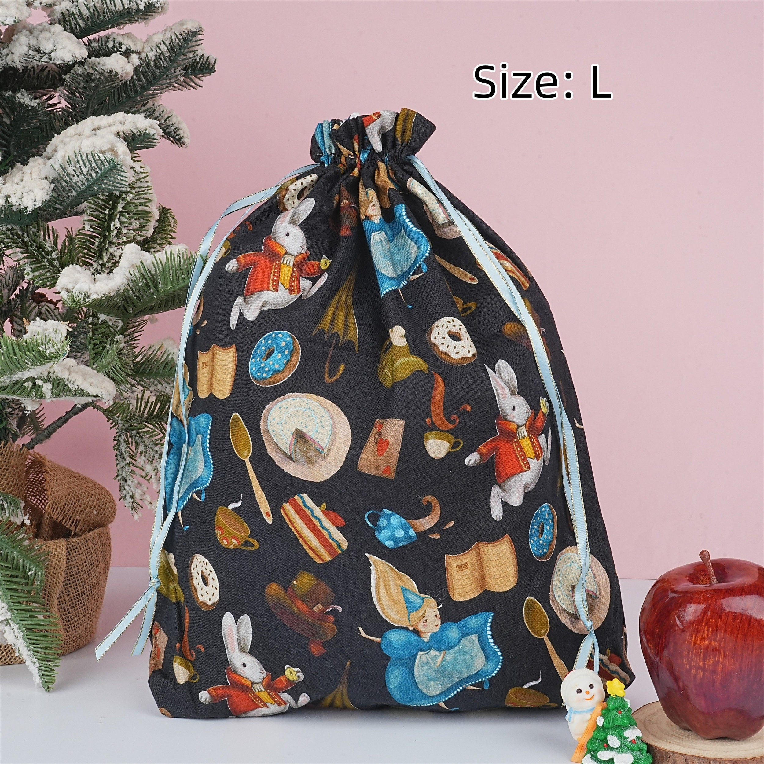 S/M/L Handmade Rabbit Alice Donut Navy Blue Drawstring Gift Bags