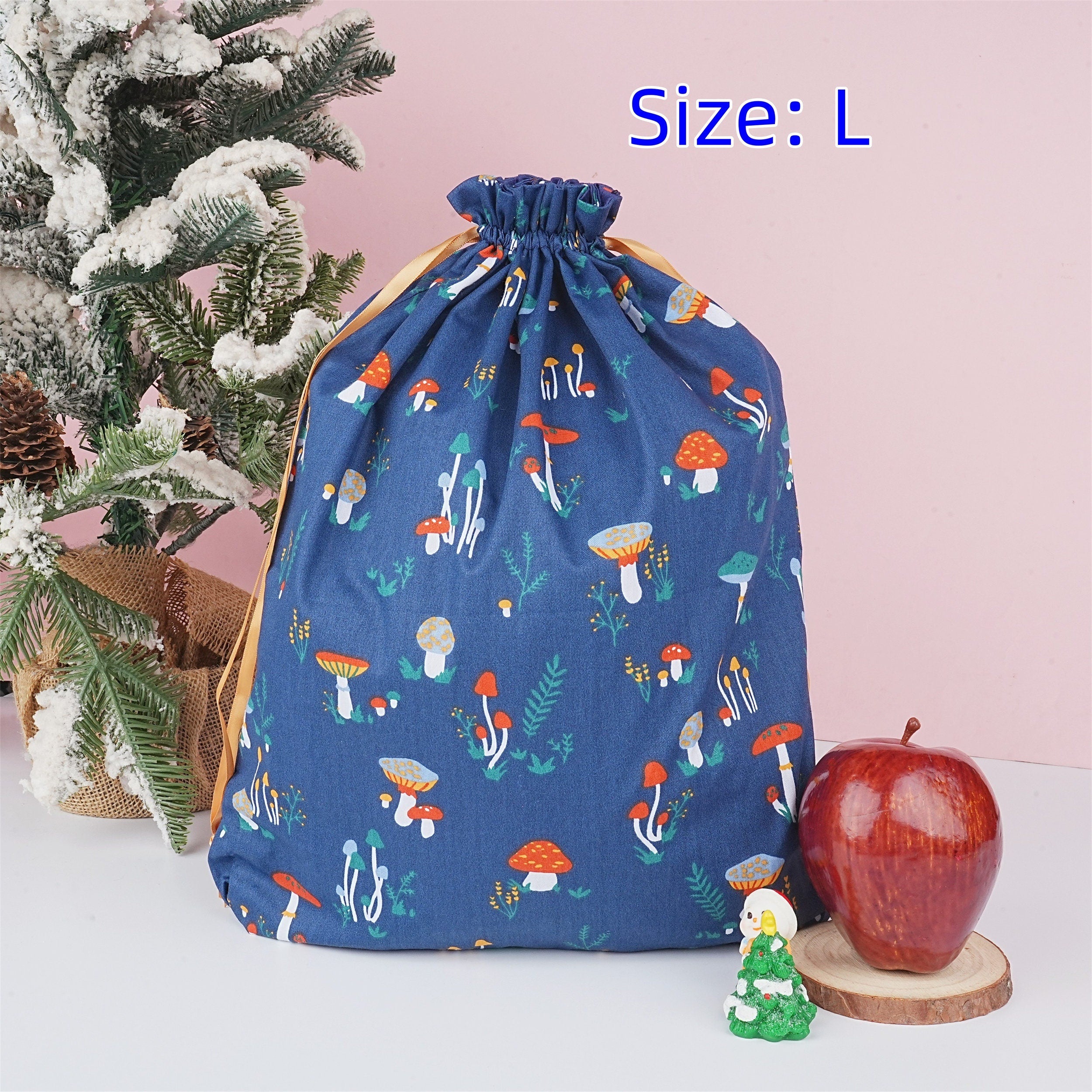 S/M/L Handmade Mushroom Blue Drawstring Gift Bags