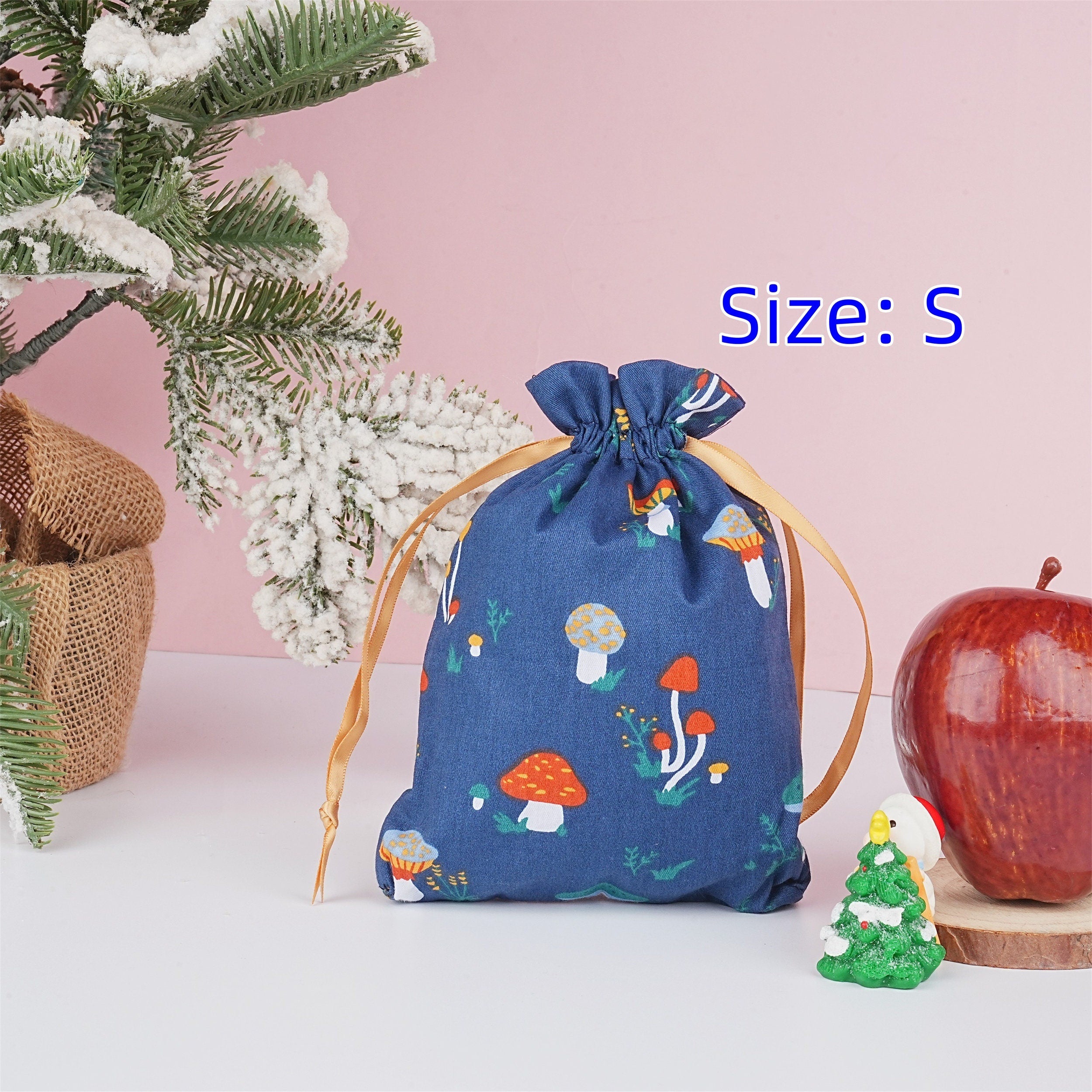 S/M/L Handmade Mushroom Blue Drawstring Gift Bags