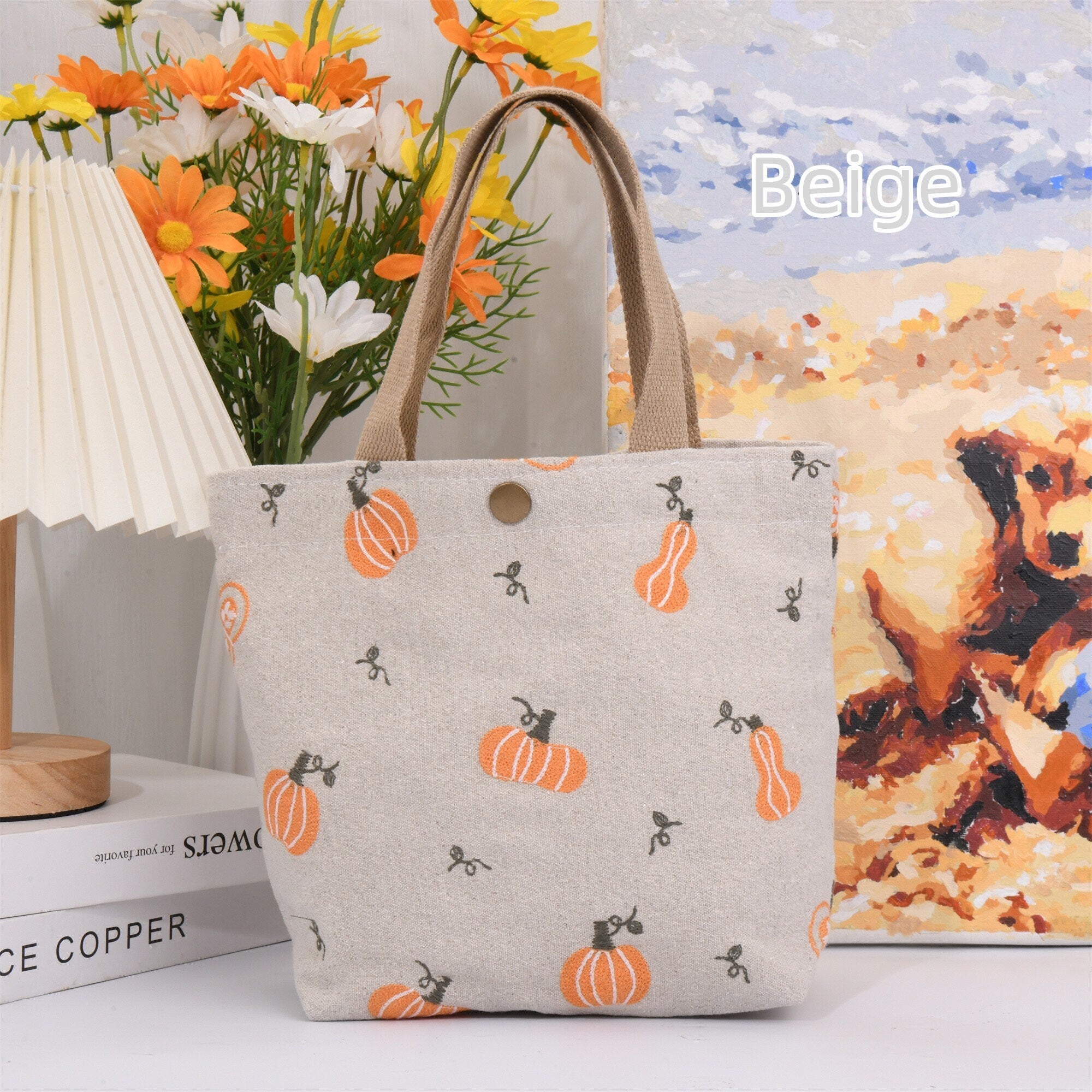 Handmade Small Pumpkin Embroidery Cotton Linen Tote Bag