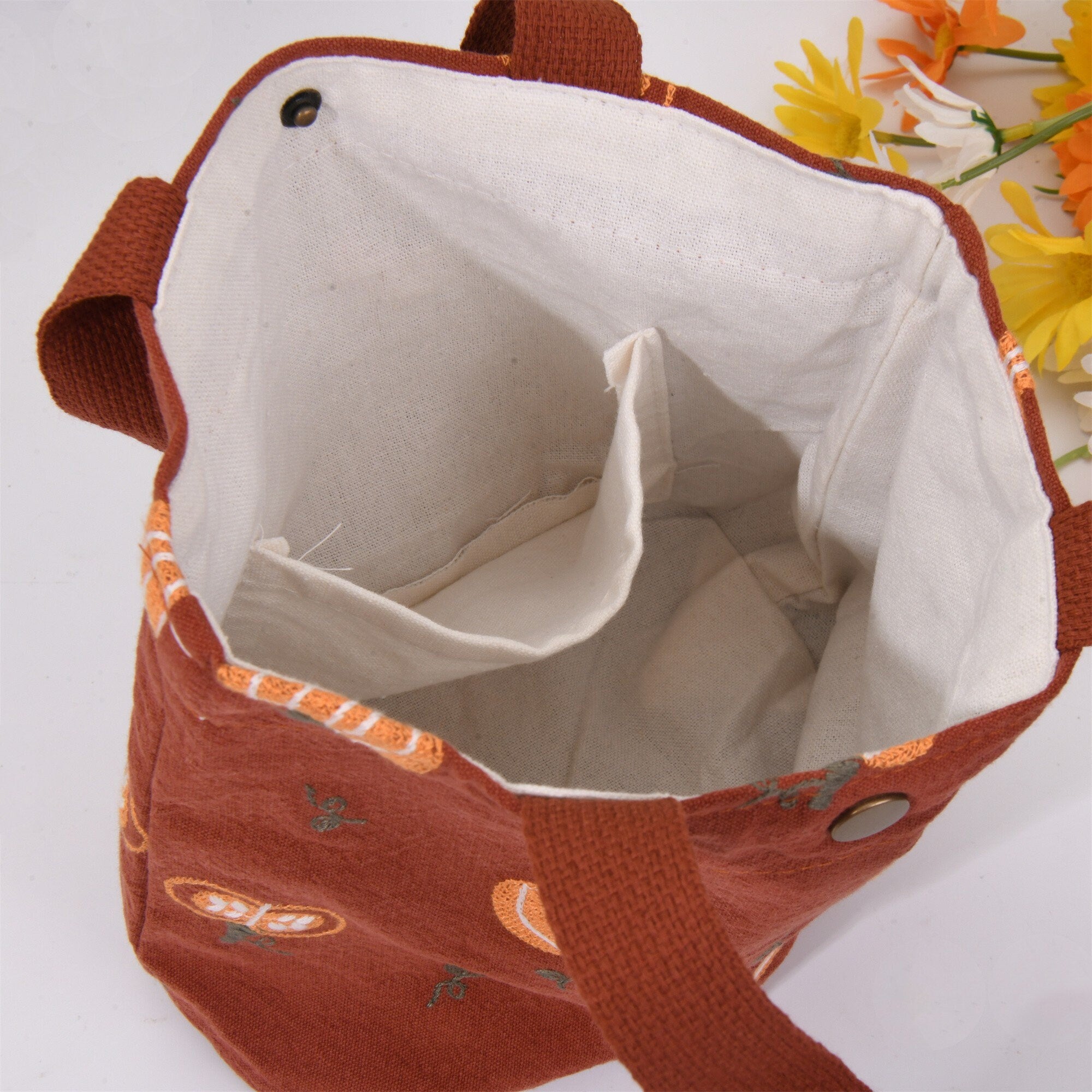 Handmade Small Pumpkin Embroidery Cotton Linen Tote Bag