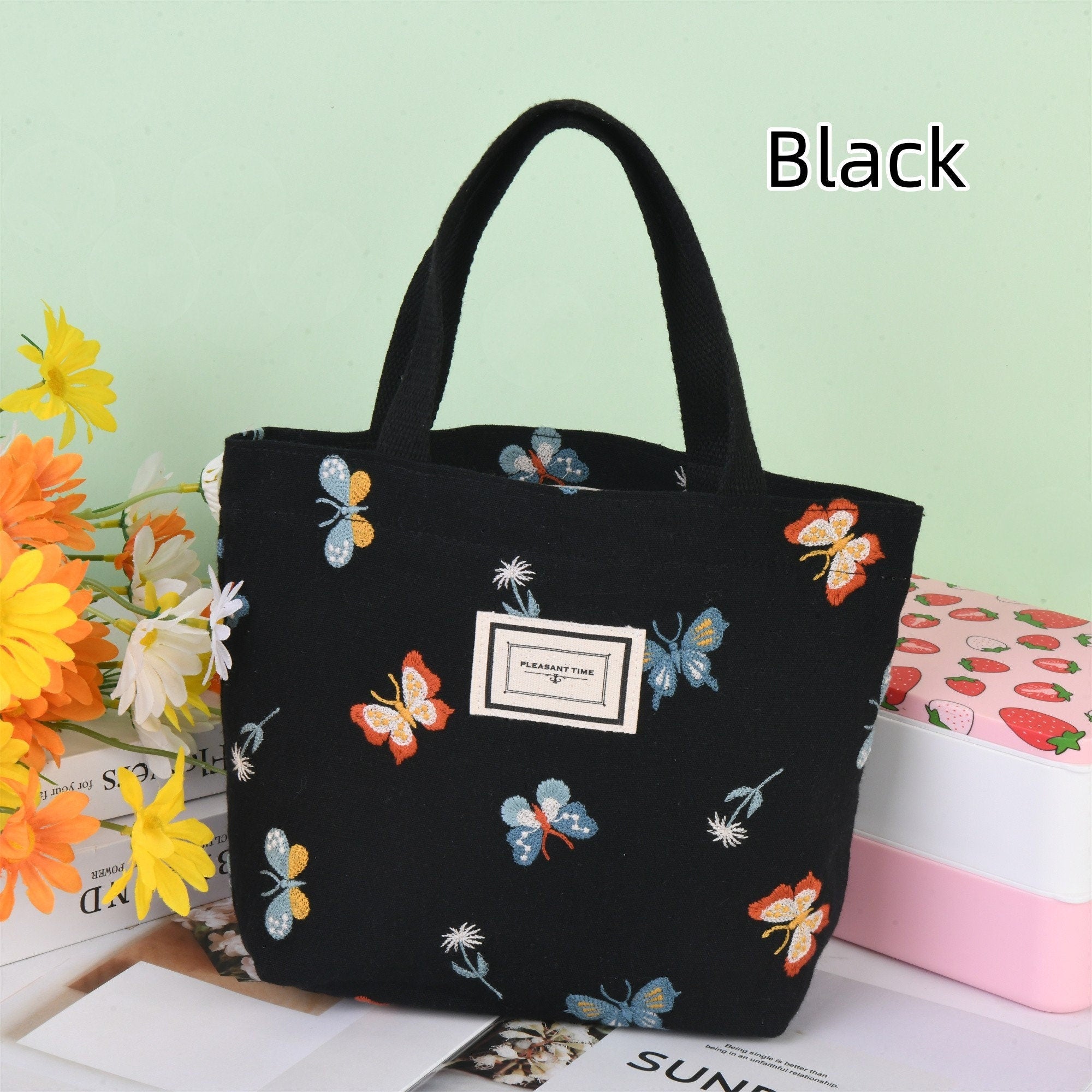 Handmade Butterfly Embroidery  Tote Bag with Pocket