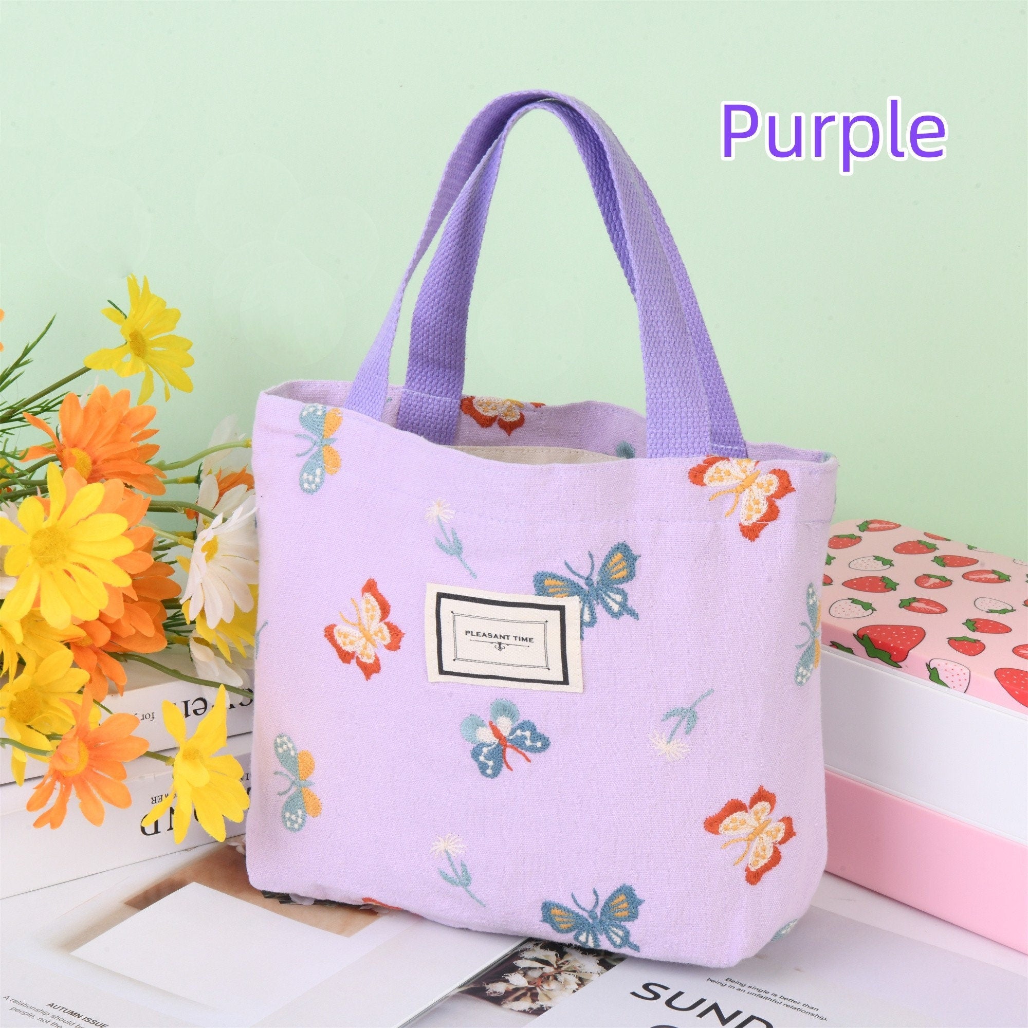 Handmade Butterfly Embroidery  Tote Bag with Pocket