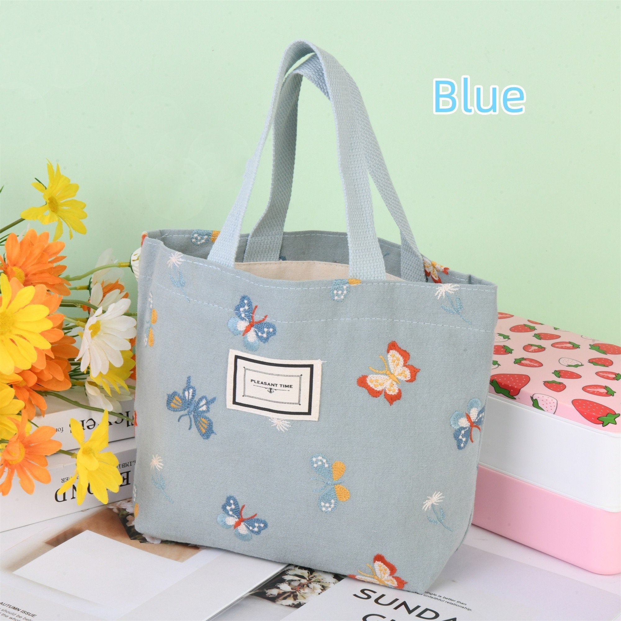 Handmade Butterfly Embroidery  Tote Bag with Pocket