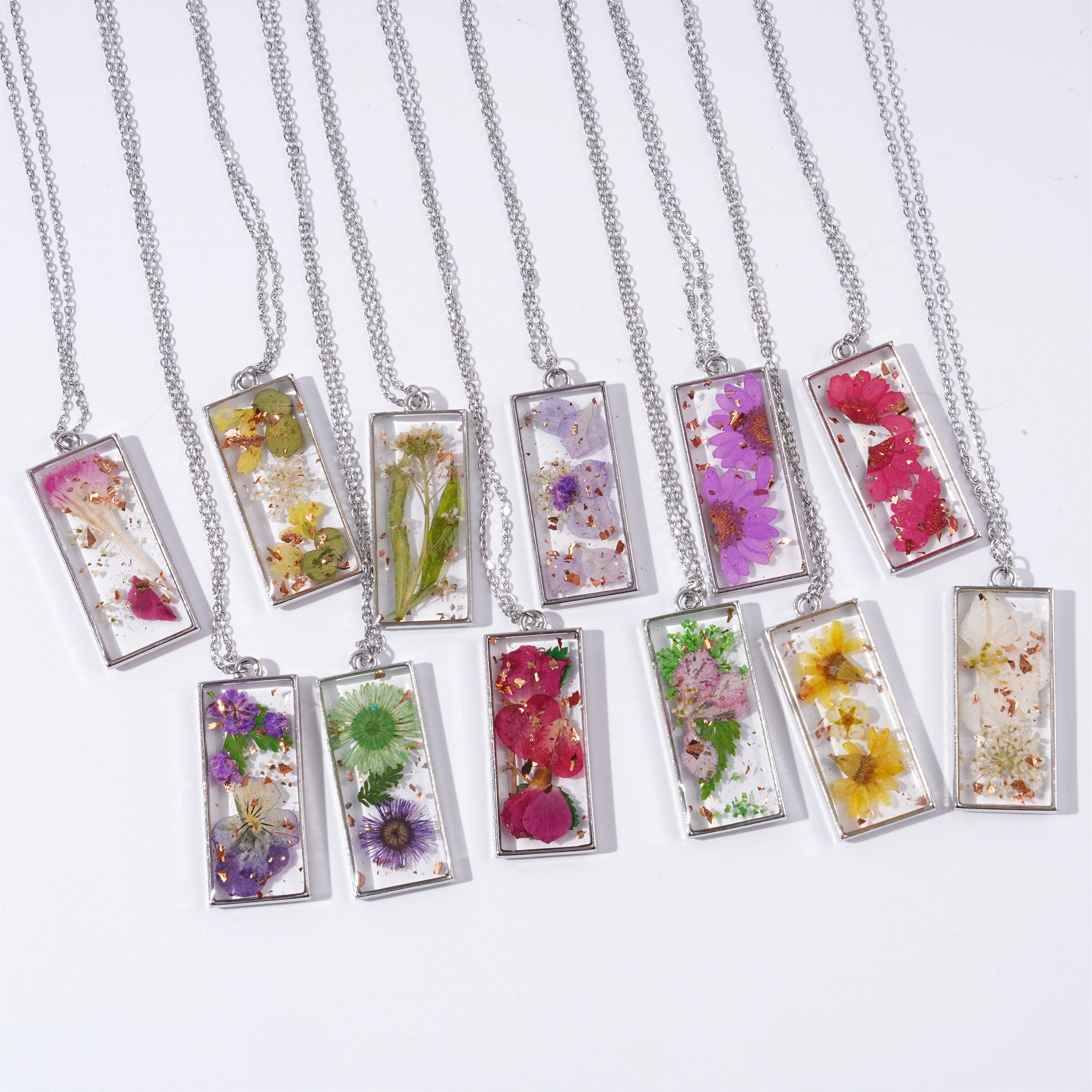 Handmade Rectangle Flowers Necklace Resin Real Flower Silver Chain Pendant Jewelry