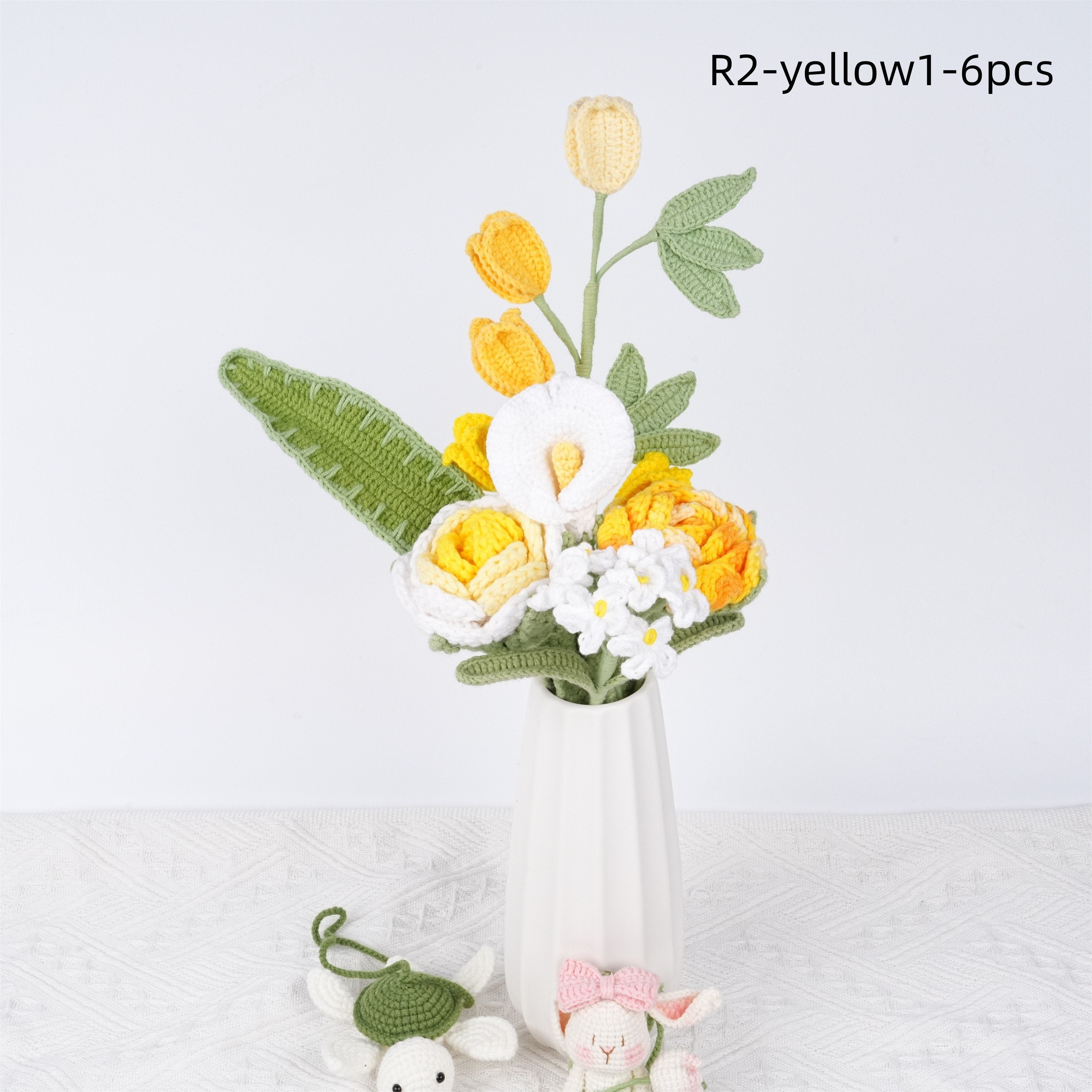 6PCS Handmade White Calla Lily Rose Carnation Crochet Bouquet