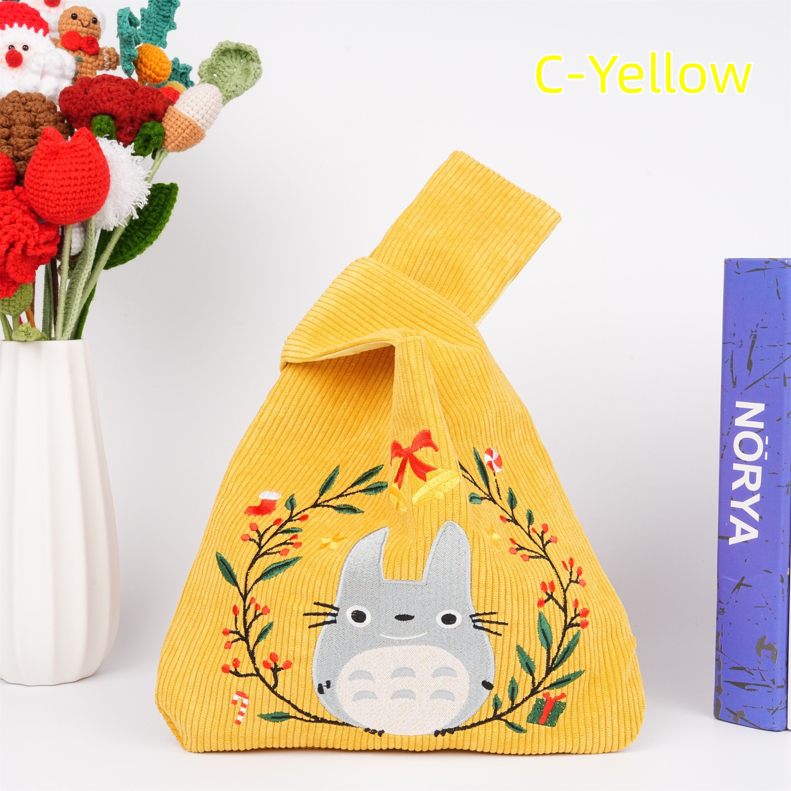 Christmas Wreath Totoro Embroidery Japanese Knot Bag