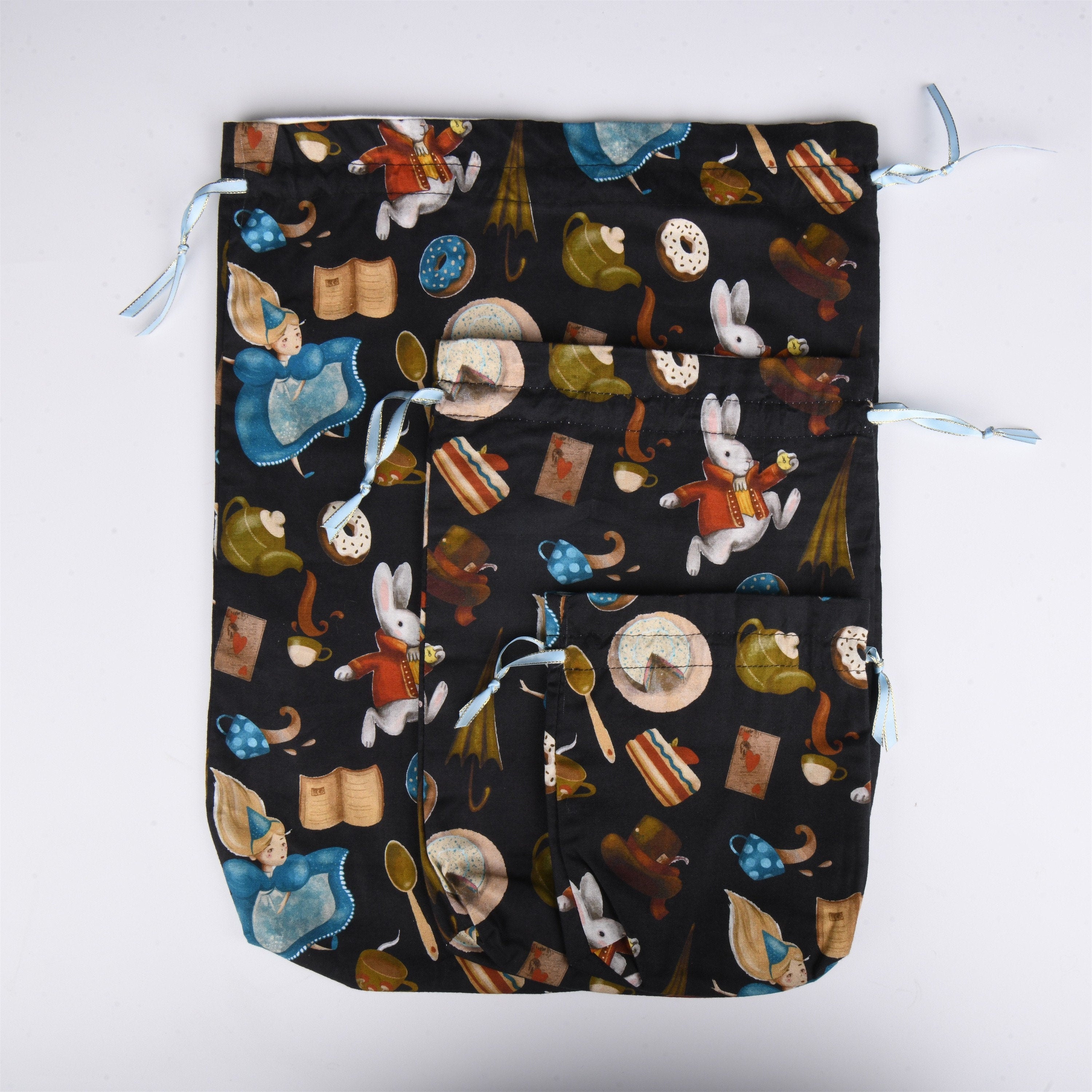 S/M/L Handmade Rabbit Alice Donut Navy Blue Drawstring Gift Bags