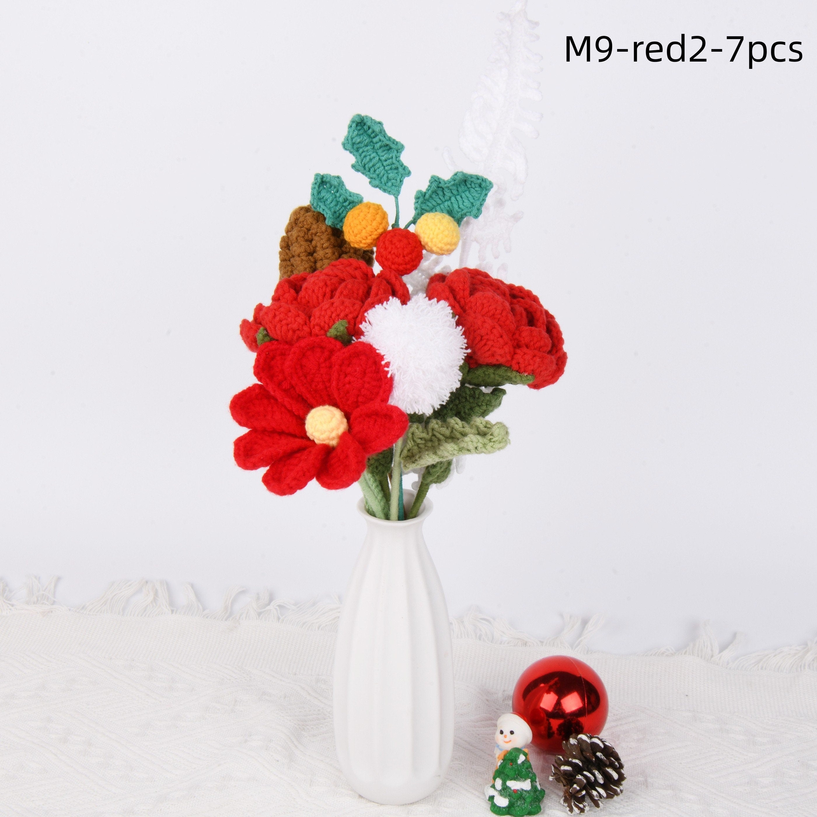 7PCS Handmade Santa Claus/Rose/Pinecone/Fern/Gesang Flowers Crochet Bouquet